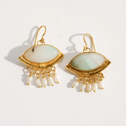 BAMBOO HAMMOCK . earrings / OOAK Pearl Fringed Green Opal Eye