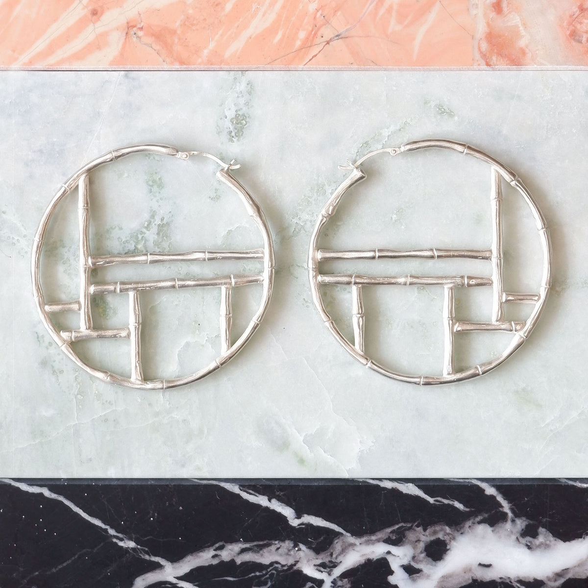 Sterling Silver Large Bamboo Hoops, structured cross bar Chinese screen trellis design,  statement earrings, mixed marble background