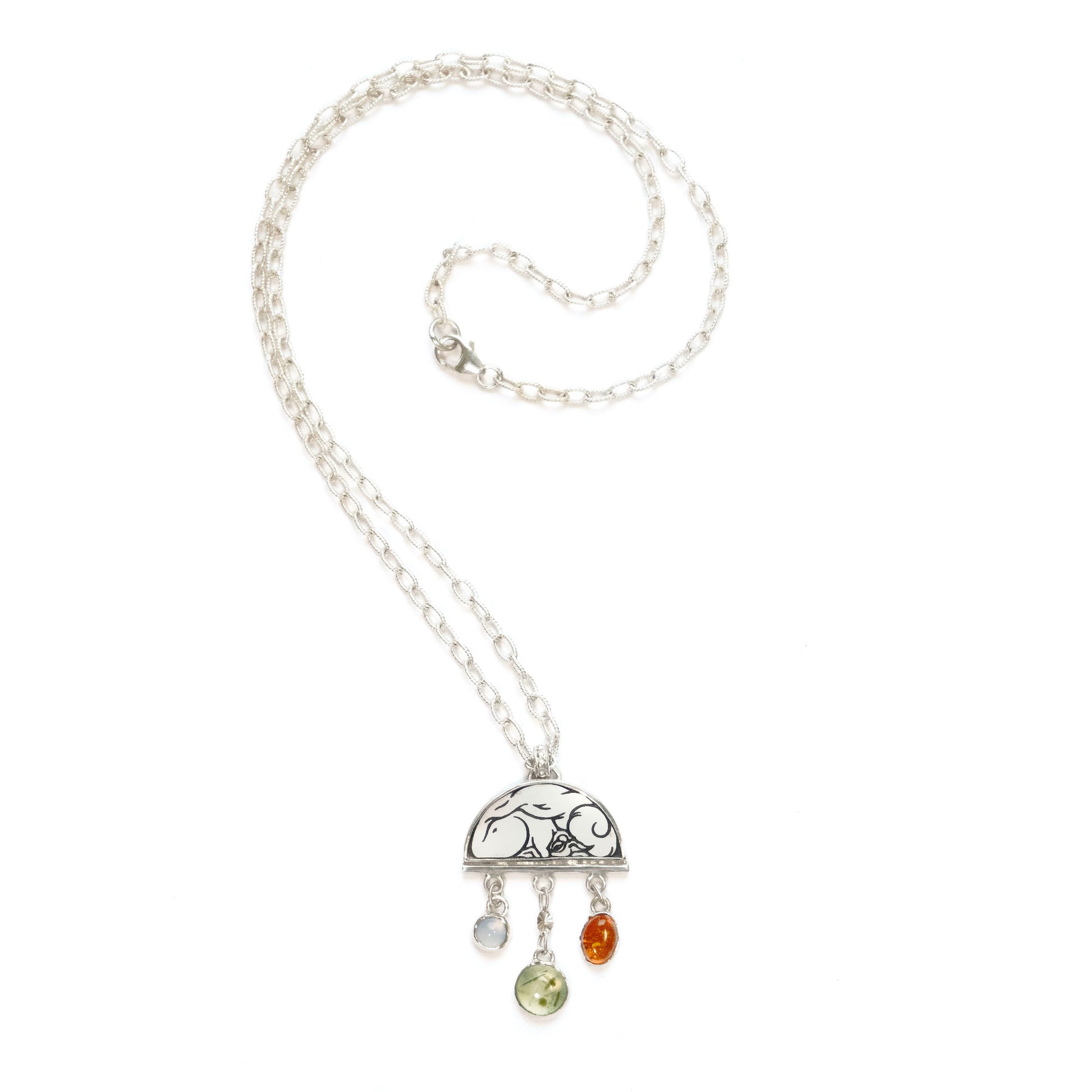 sterling silver half moon pendant necklace on chain, set with mother of pearl, engraved with squirrel illustration, and gemstone drops.