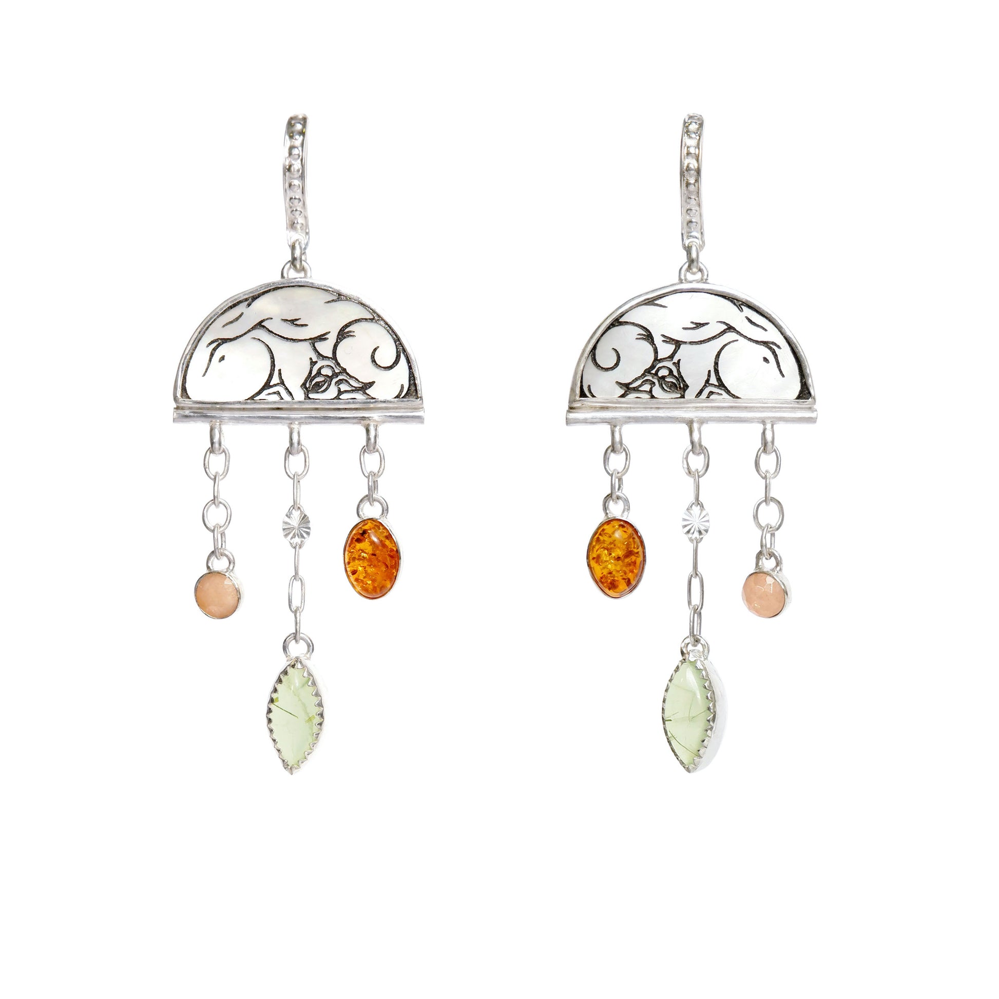 sterling silver half moon earrings, set with mother of pearl, engraved with squirrel illustration, and gemstone drops.