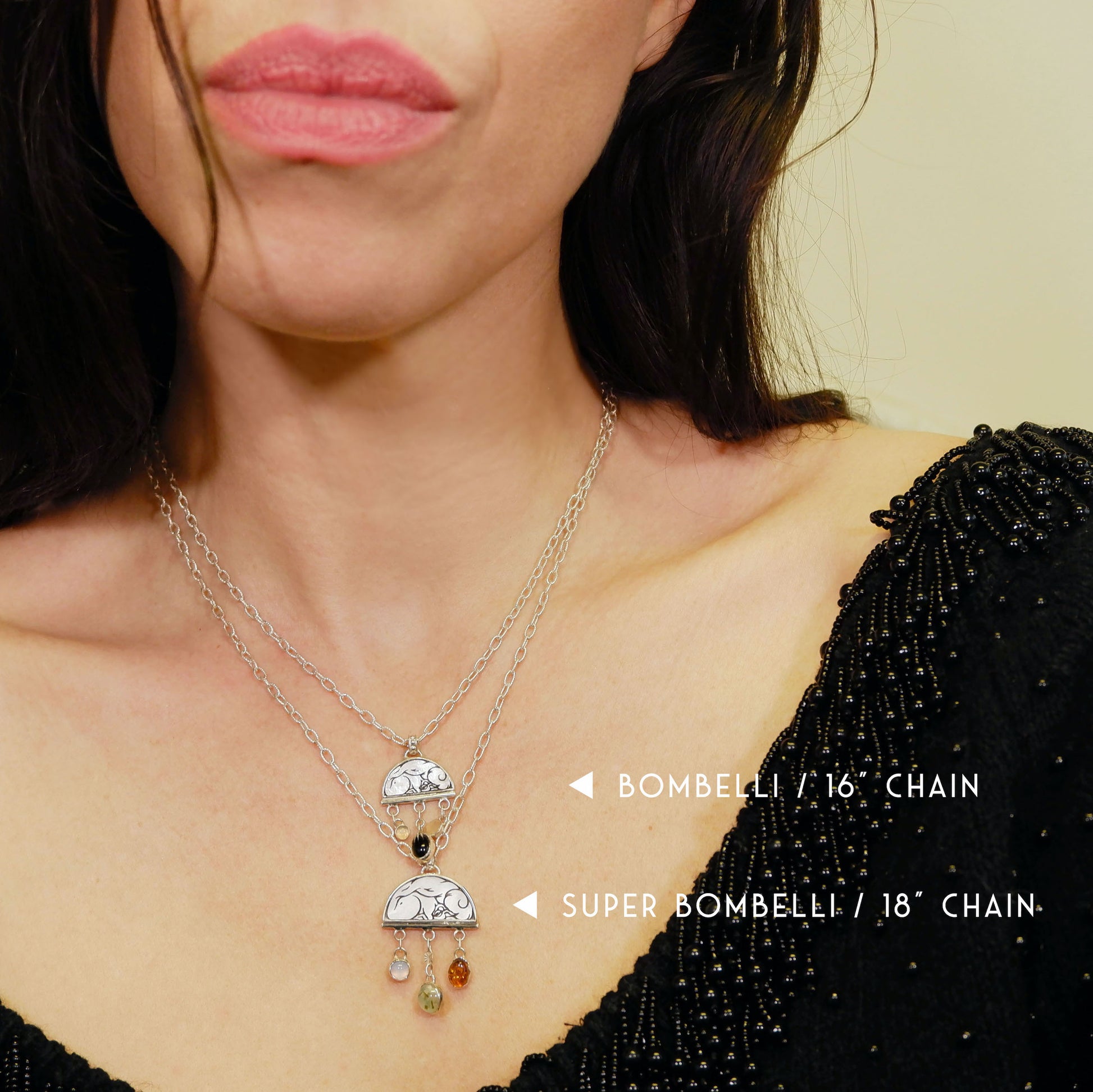 sterling silver half moon pendant, set with mother of pearl, engraved with squirrel illustration, and gemstone drops, on silver twisted oval link chain. Photographed on model to chain 16" & 18" chain lengths