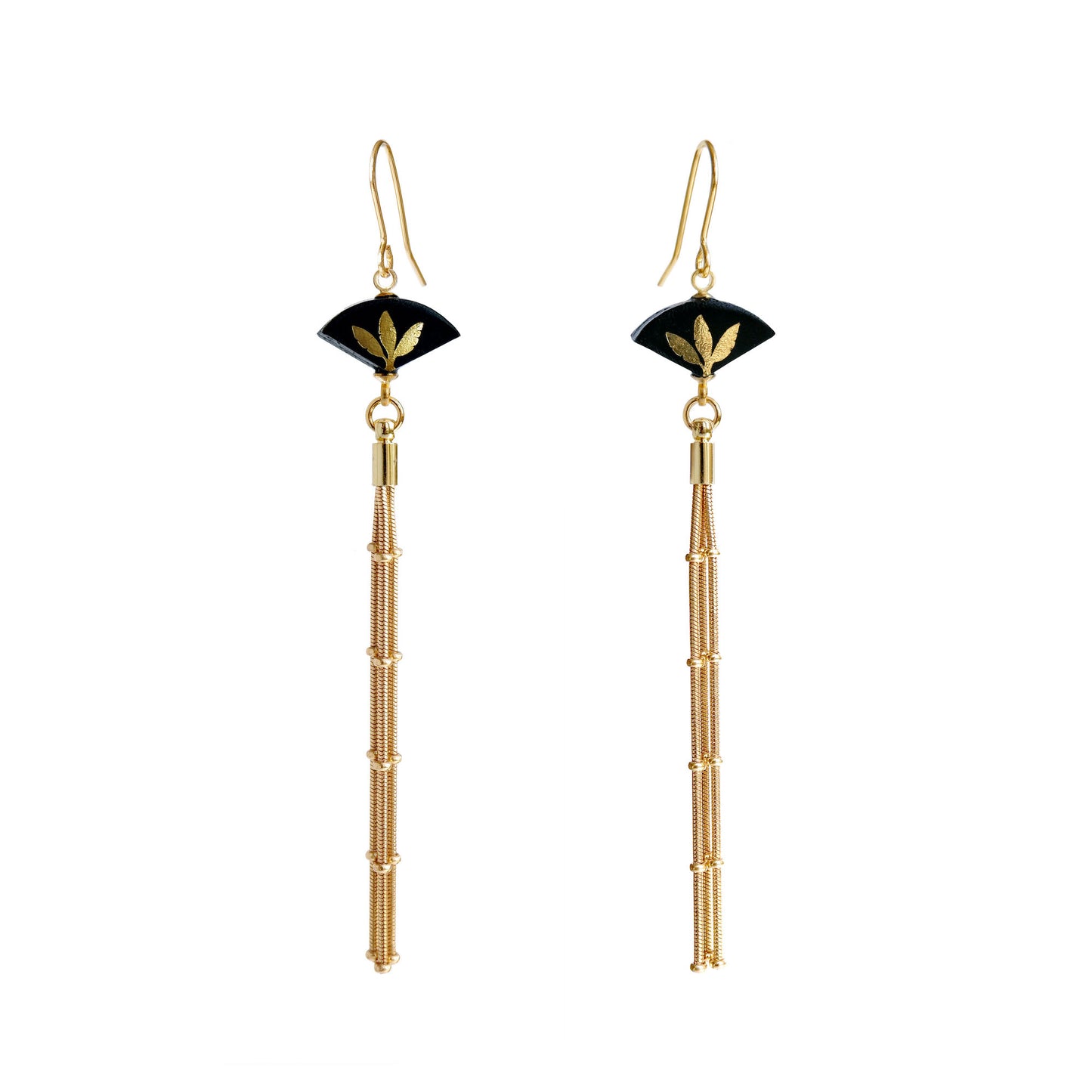 Leather fan earrings, with gold palm print, and long golden chain tassel 