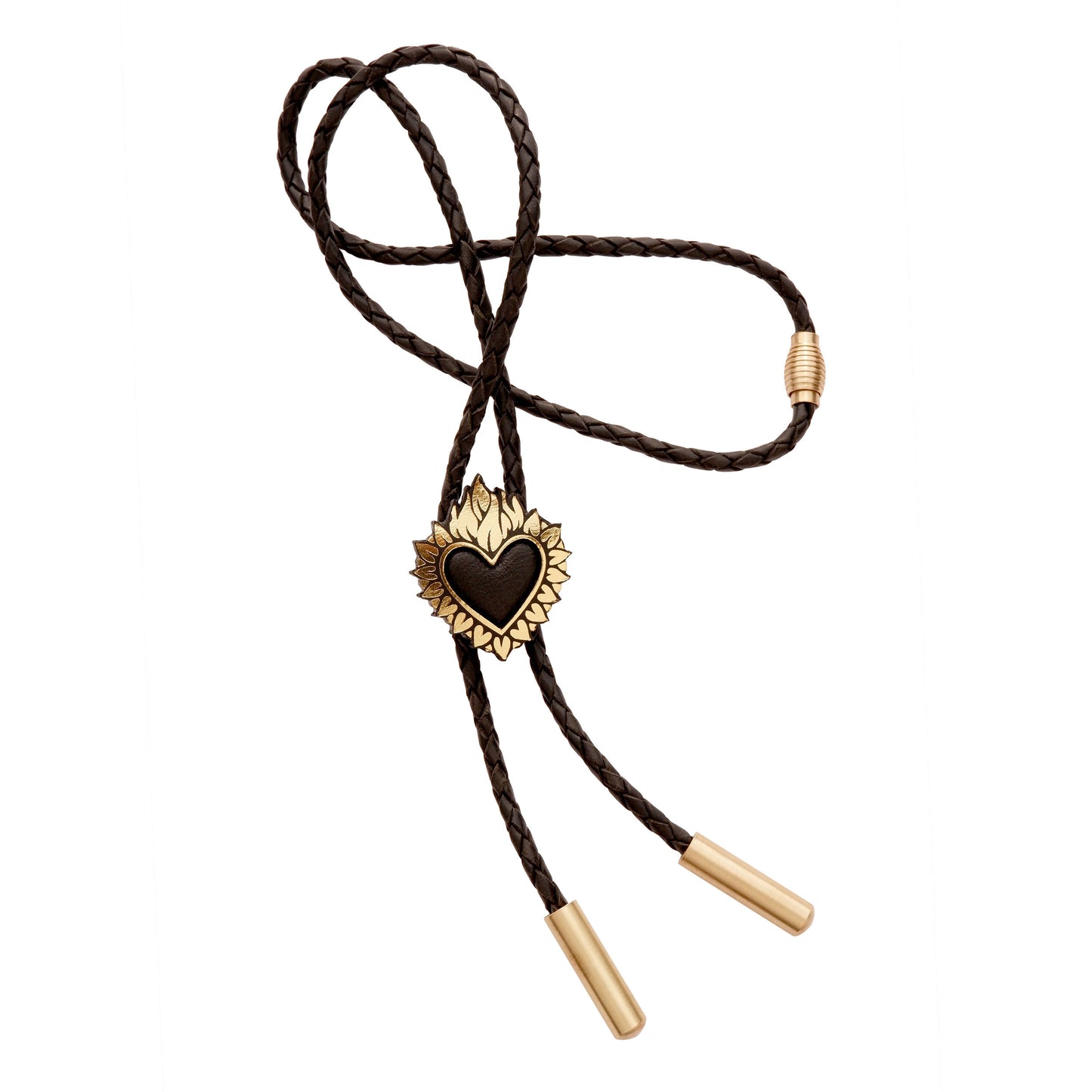 Flaming Heart Pendant, in Gold Foiled Leather, with a black padded leather centre, mounted on black braided leather bolo cord.