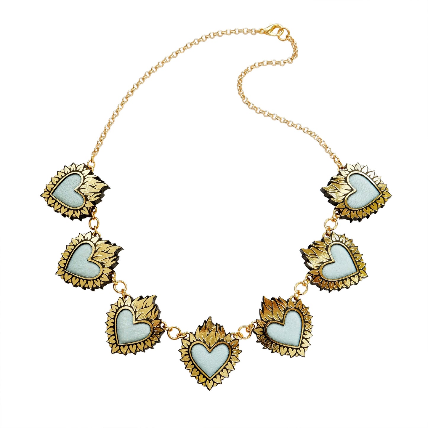 Necklace with seven Flaming Heart Pendants, in Gold Foiled Leather, with a pale blue padded leather centre, on Golden Belcher Chain.