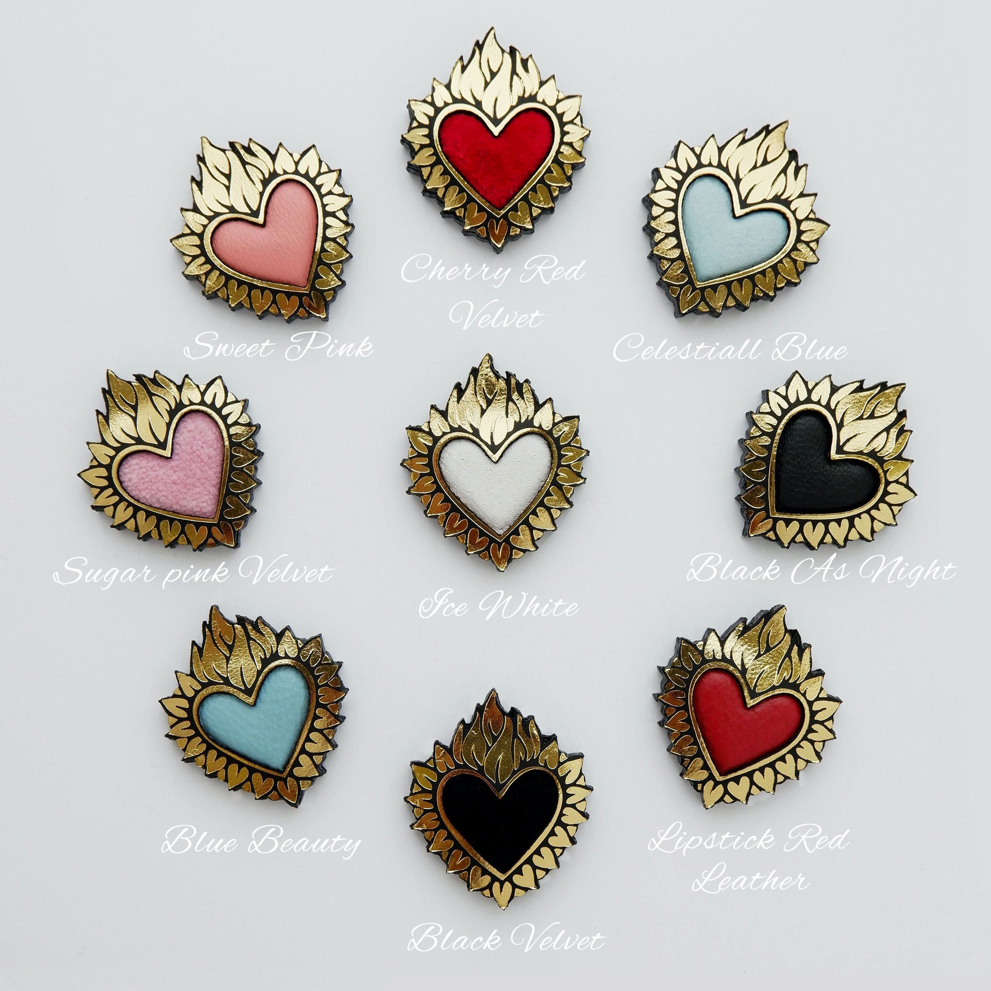 Flaming Heart jewels, in Gold Foiled Leather, with a coloured padded leather centres, in leather & velvet. ( 9 different colours)