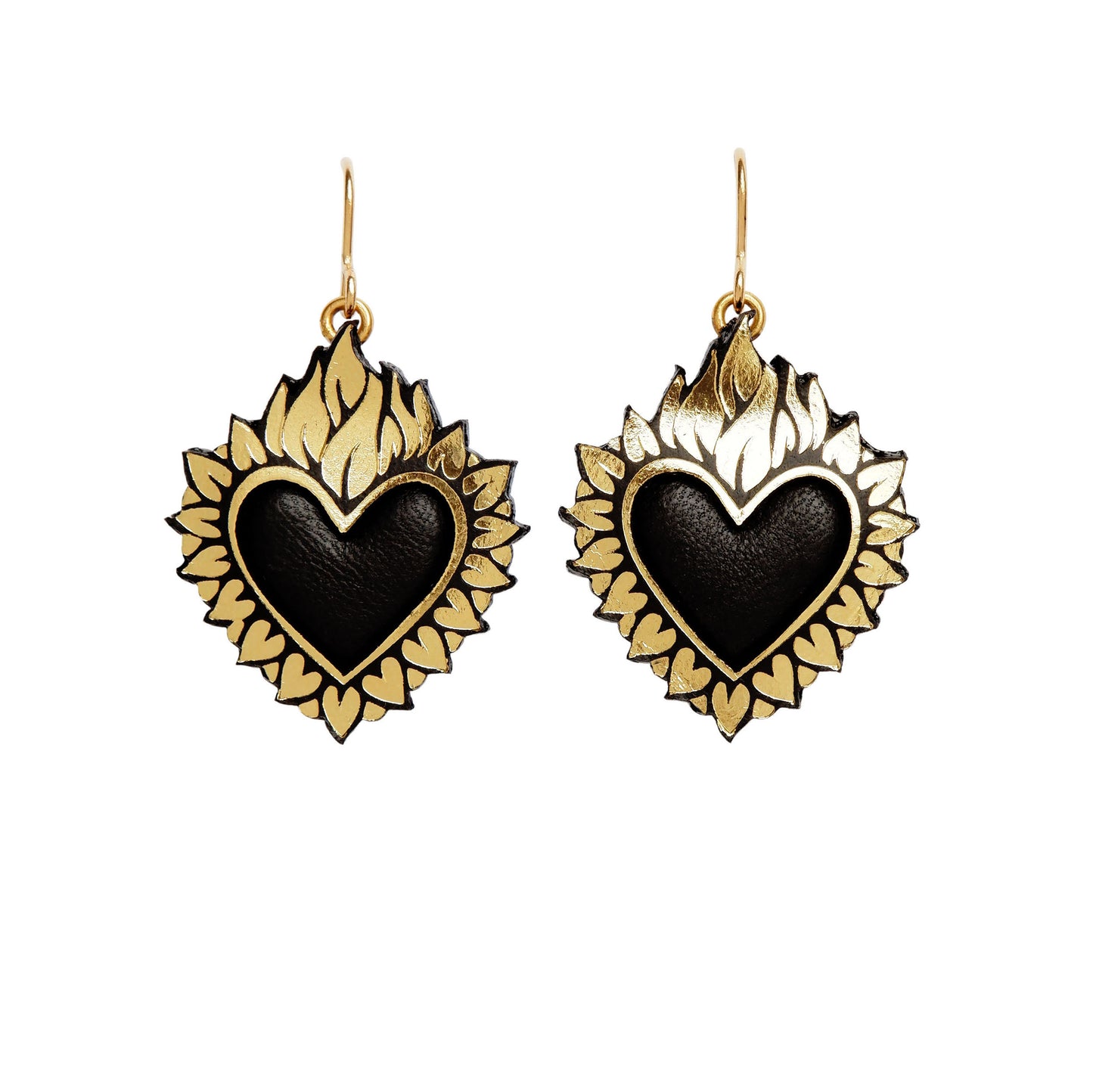 Flaming Heart Pendant, in Gold Foiled Leather, with a black padded leather centre, on Golden hooks.