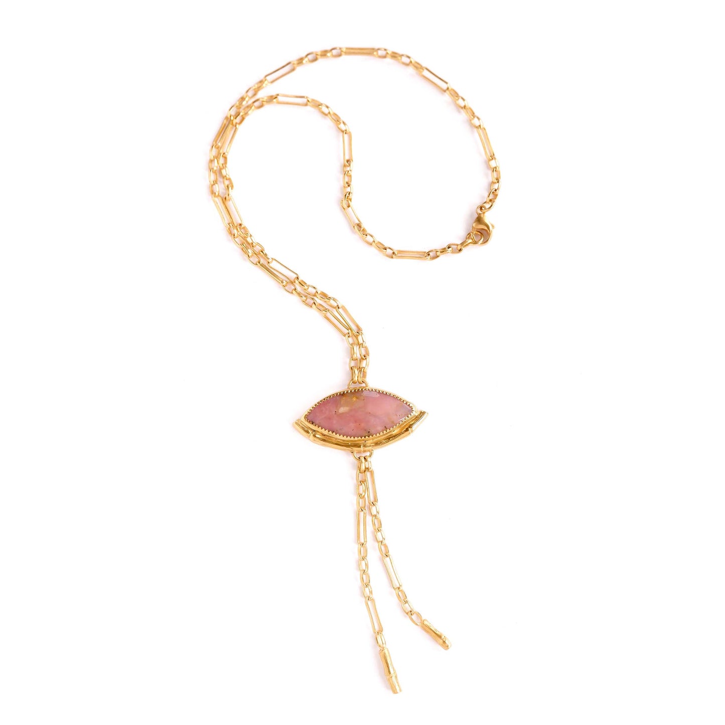 Gold Lariat style chain necklace, with a  wide Marquise shaped Pink Peruvian opal gemstone pendant, framed by a half halo of Gold bamboo. On white background.
