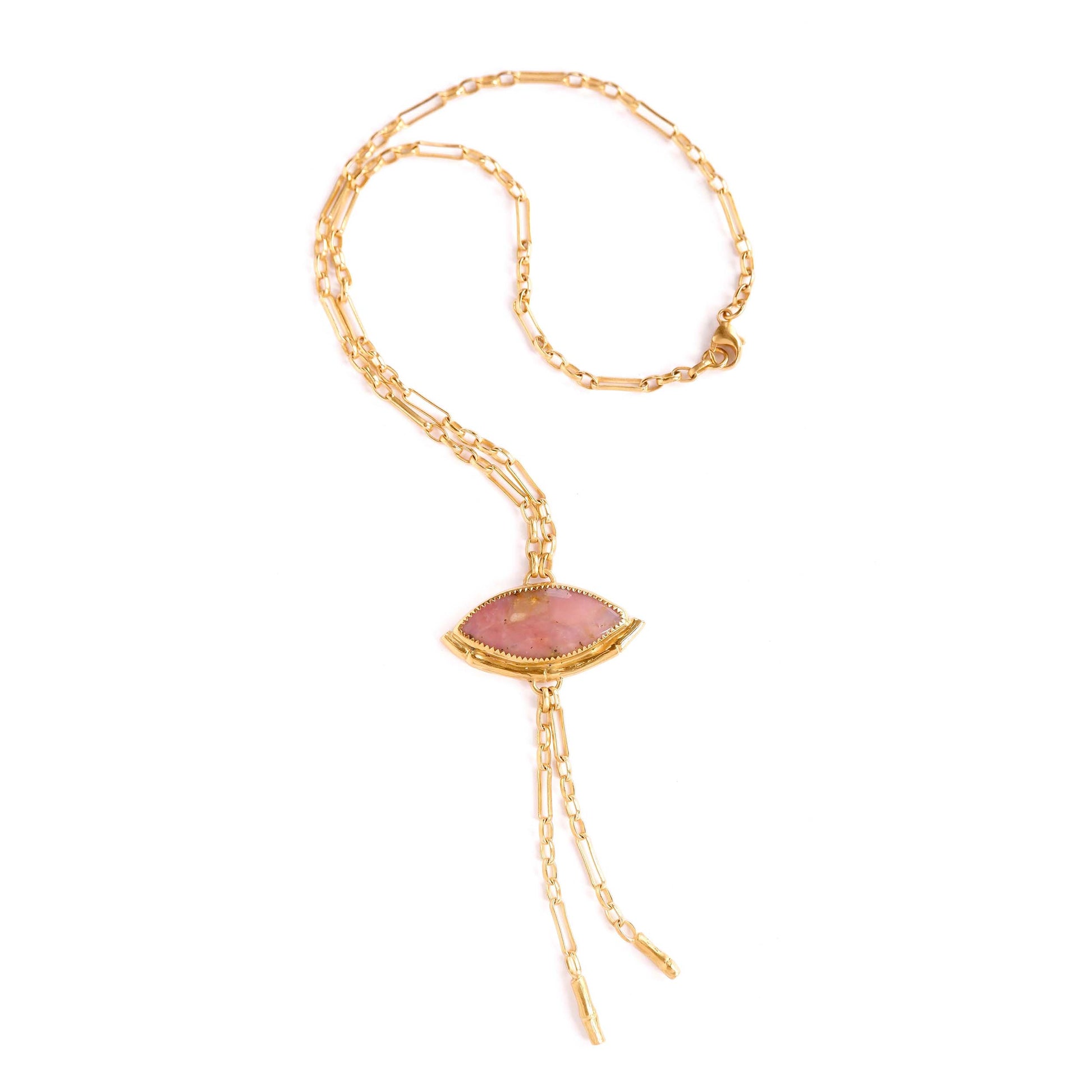 Gold Lariat style chain necklace, with a  wide Marquise shaped Pink Peruvian opal gemstone pendant, framed by a half halo of Gold bamboo. On white background.