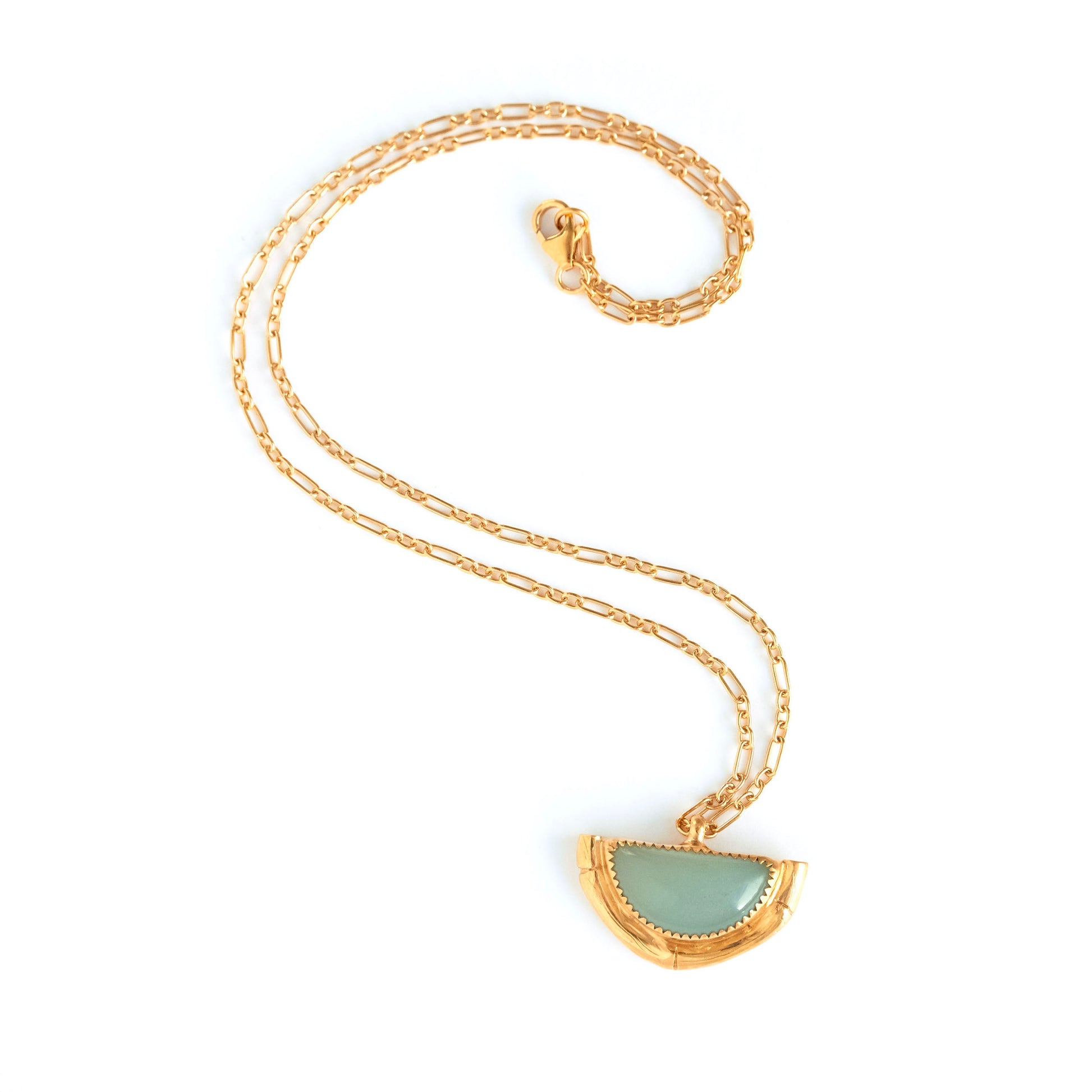 Half Moon pendant in aqua blue Chalcedony Gemstone, framed by a half mount of gold bamboo, on fine Gold vermeil figaro chain.