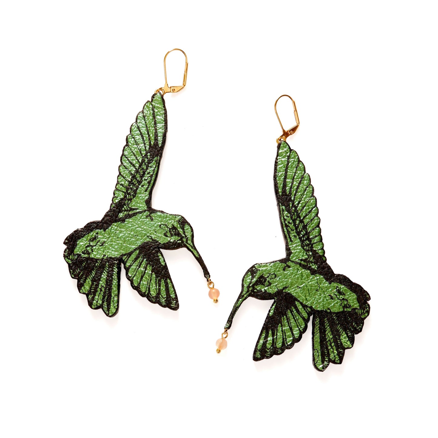 Large Statement Hummingbird Earrings, in Printed Green Leather.