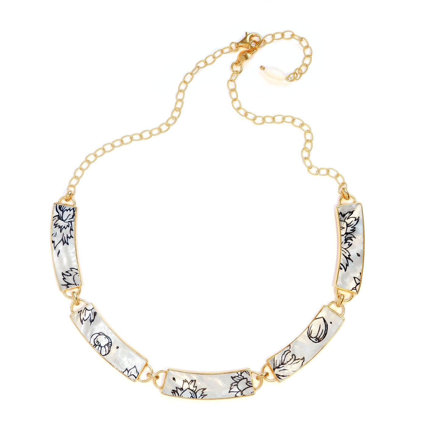 5 panel mother of pearl collar necklace, with botanical pattern, in Gold Vermeil.