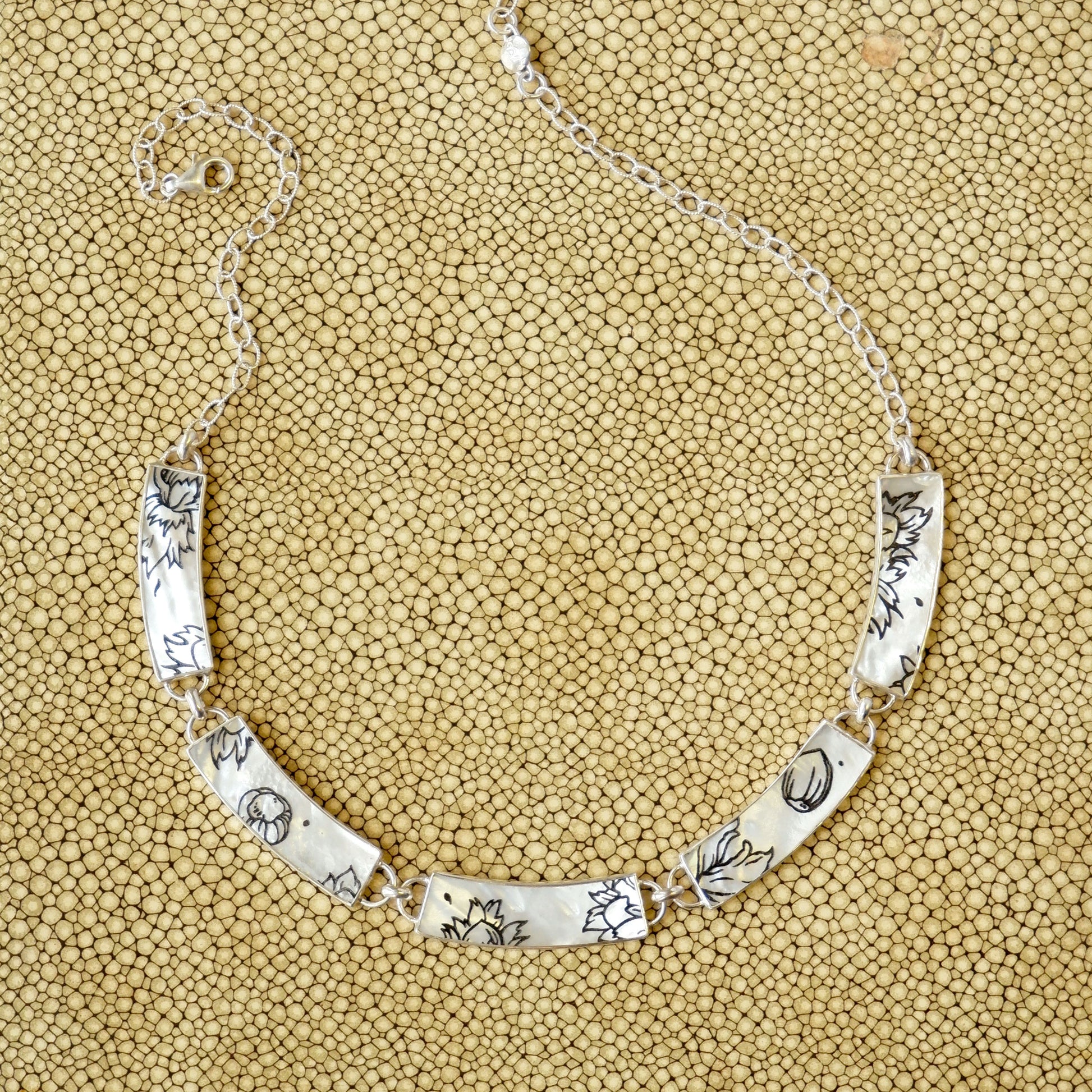 5 panelled mother of pearl collar necklace, with botanical pattern, in sterling silver