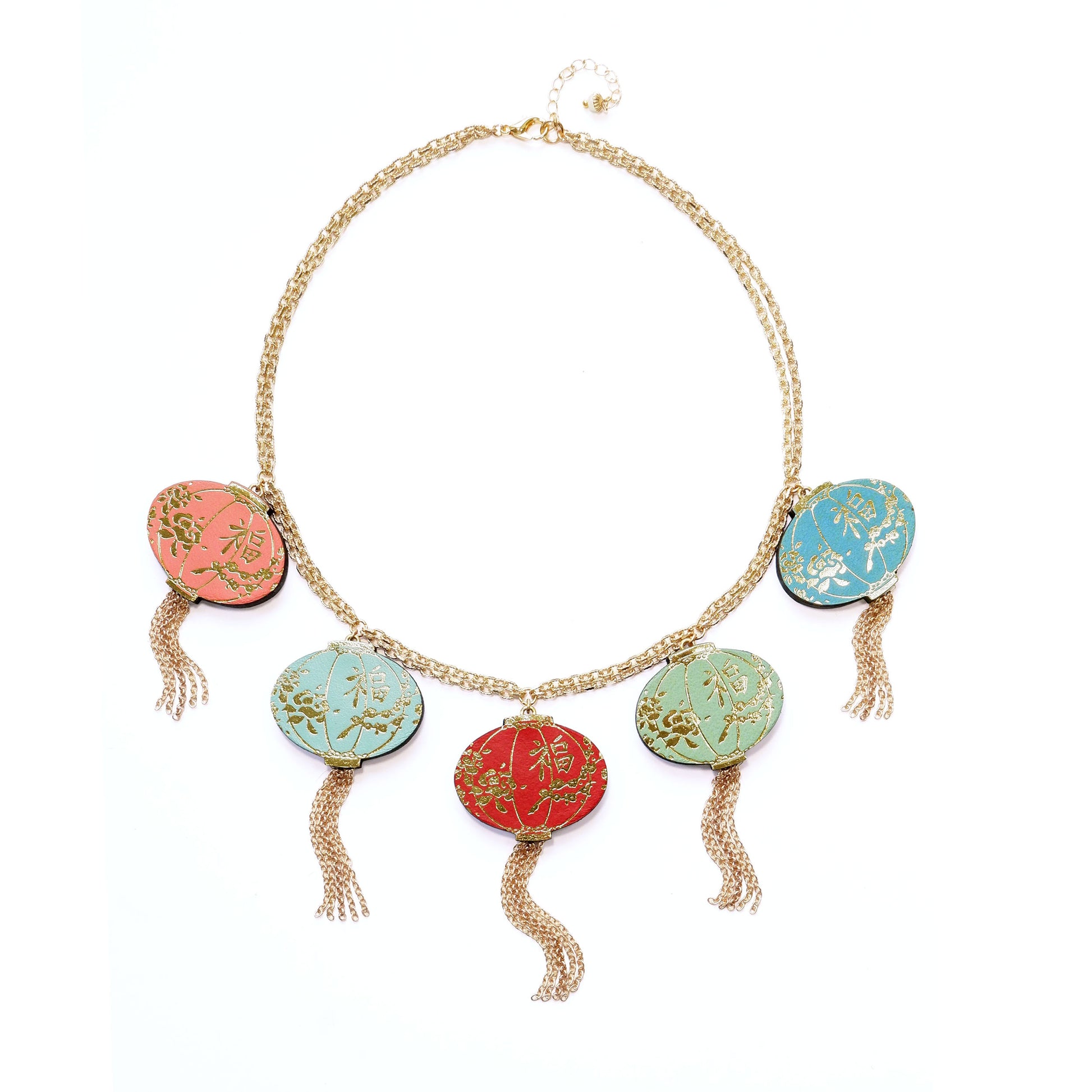 gold chain necklace, with 5 multi coloured leather lantern pendants, or charms. Each one, pink, aqua, scarlet red, light olive green and electric blue, with a gold chain tassel.