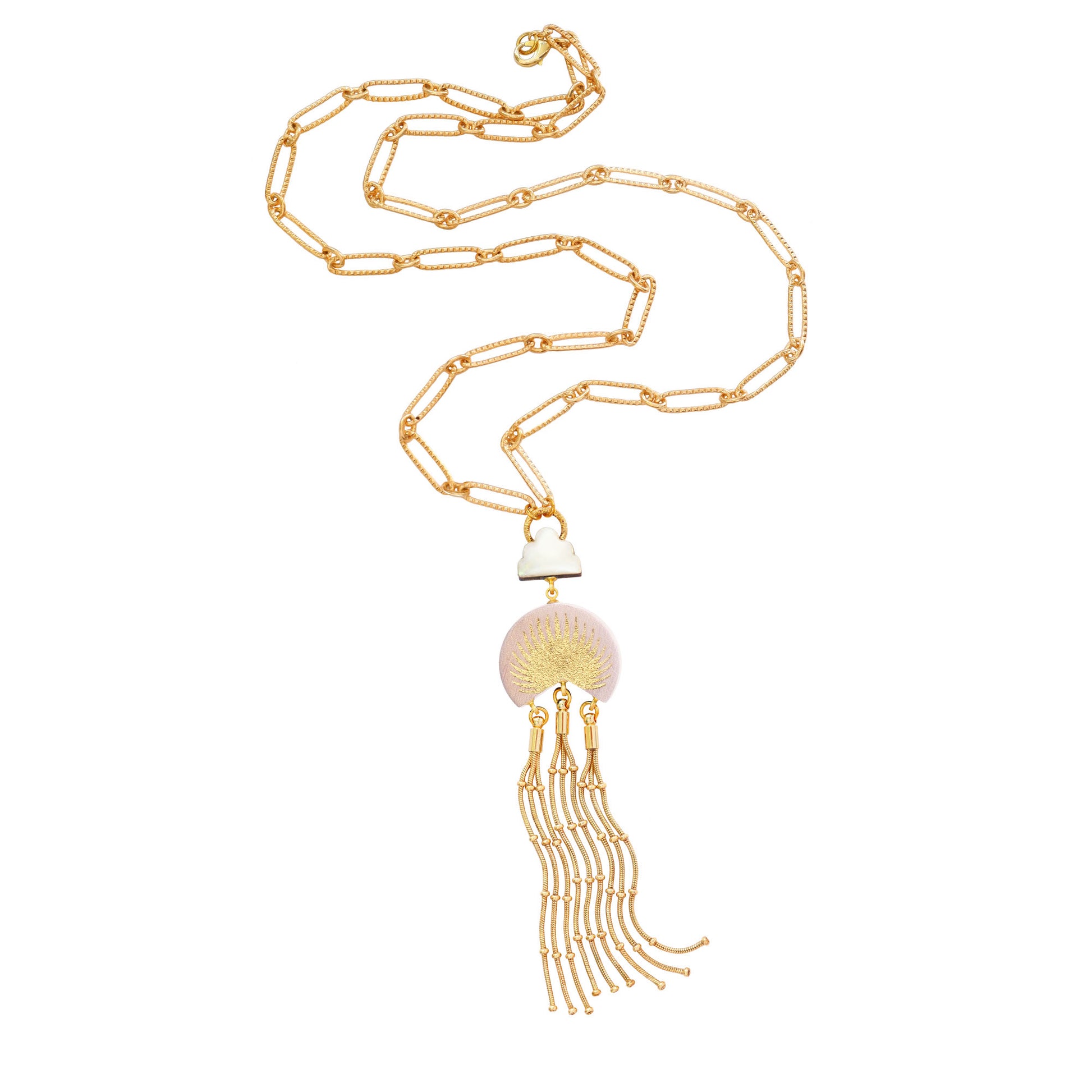 leather medallion pendant, with gold palm tree print,  long gold chain tassels, and mother of pearl cloud, on long-link gold chain