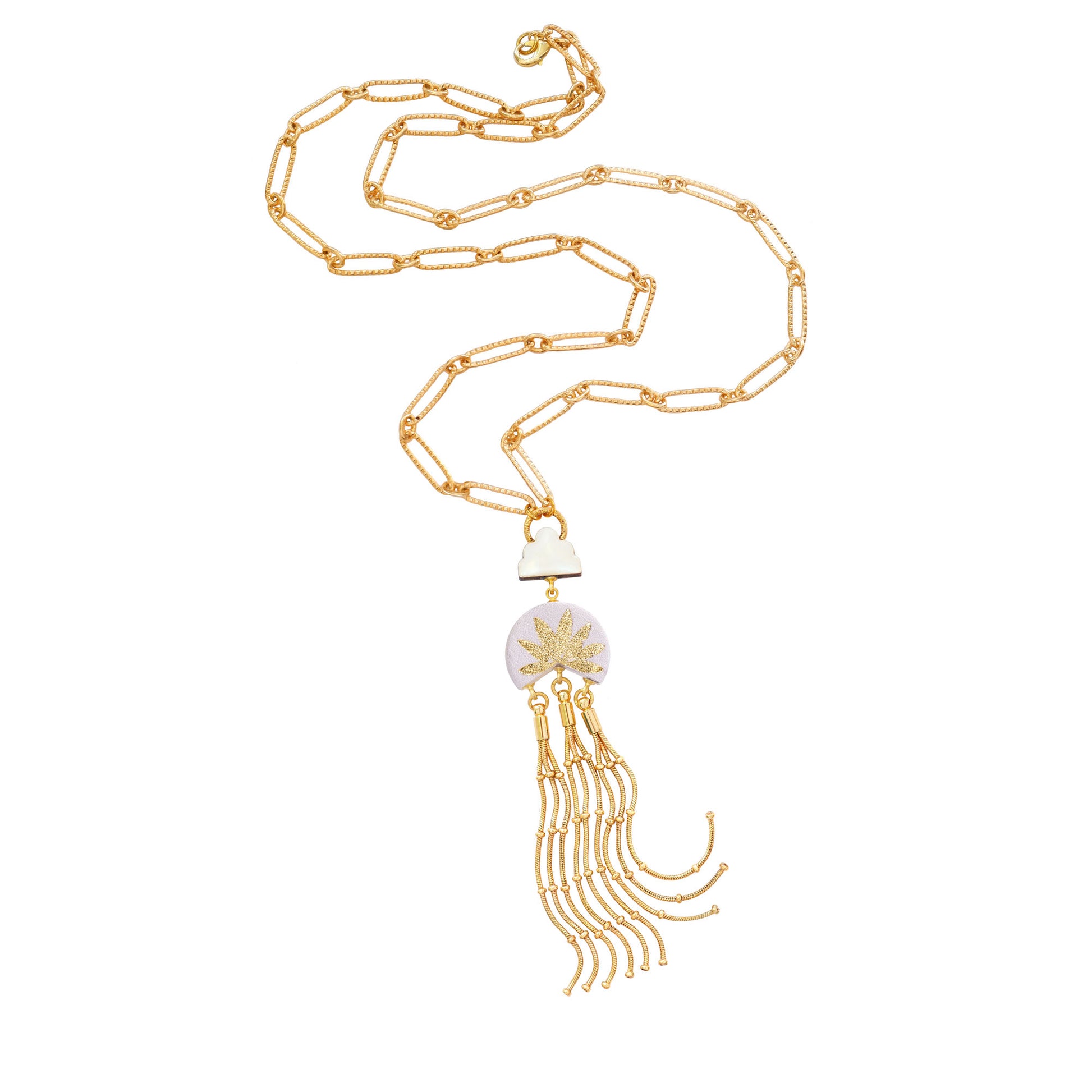 leather medallion pendant, with gold palm tree print,  long gold chain tassels, and mother of pearl cloud, on long-link gold chain