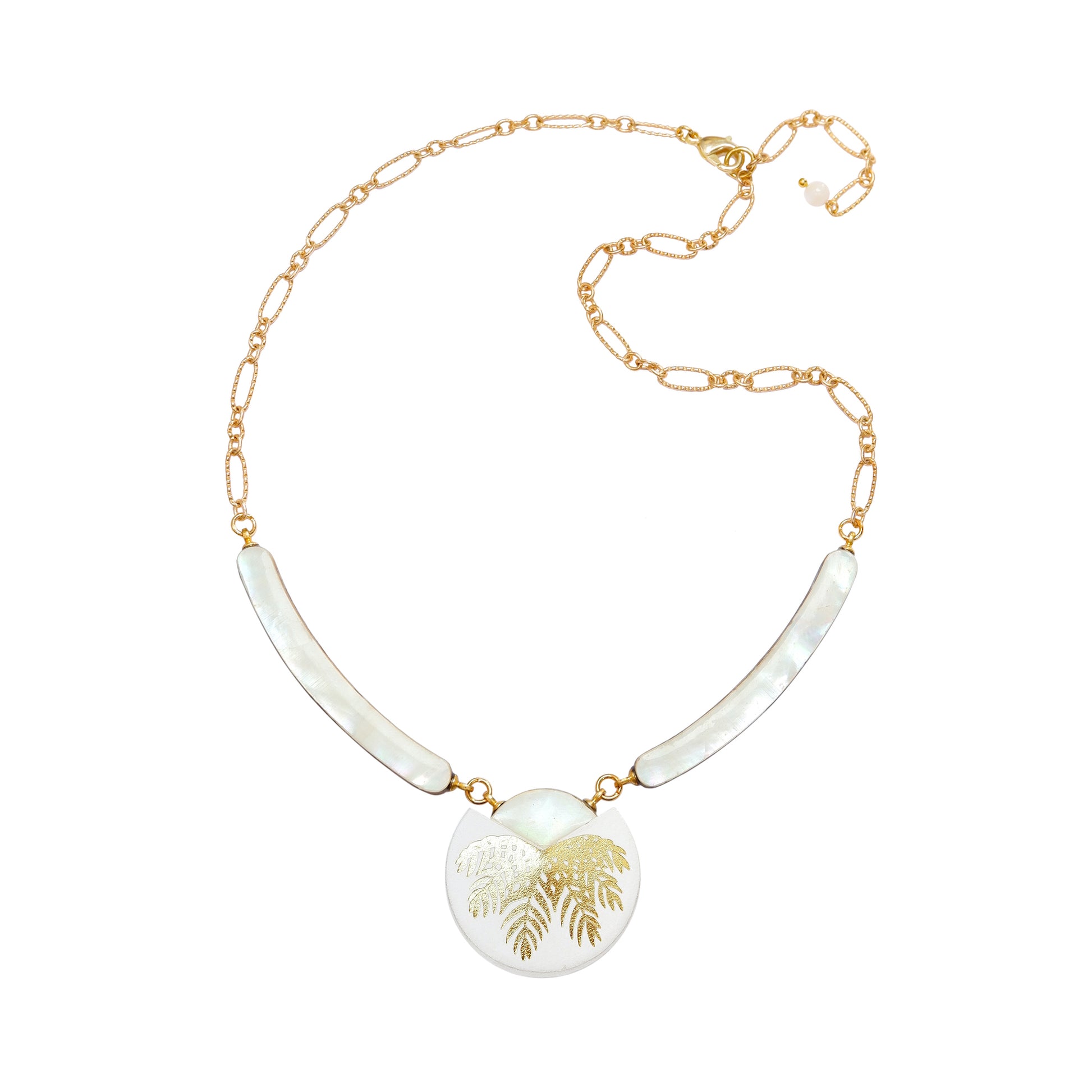 necklace with curved mother of pearl bars , white leather medallion with a gold palm print