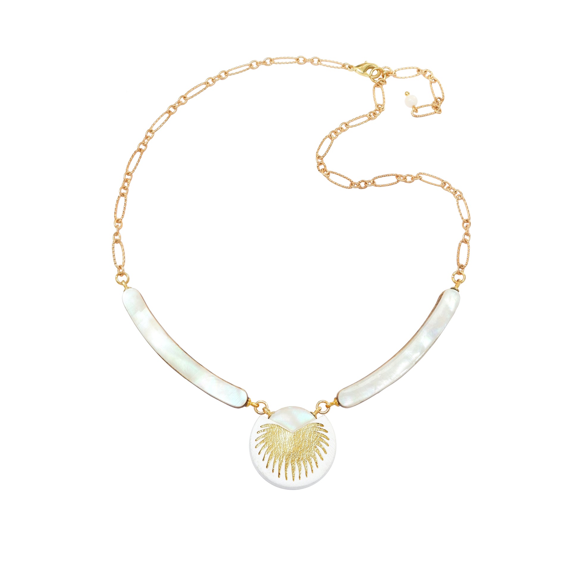 necklace with curved mother of pearl bars , white leather medallion with a gold palm print