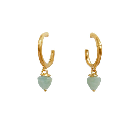 small gold bamboo hoops, with faceted trillion pyramid Aquamarine bead charm.
