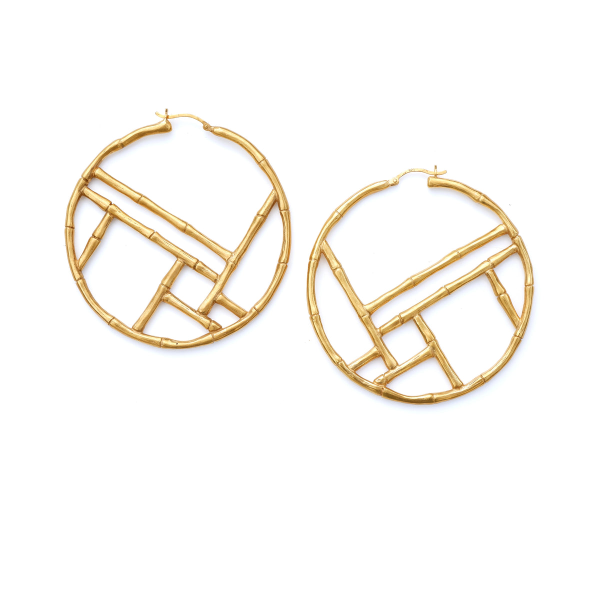 Gold Vermeil Large Bamboo Hoops, structured cross bar Chinese screen trellis design,  statement earrings