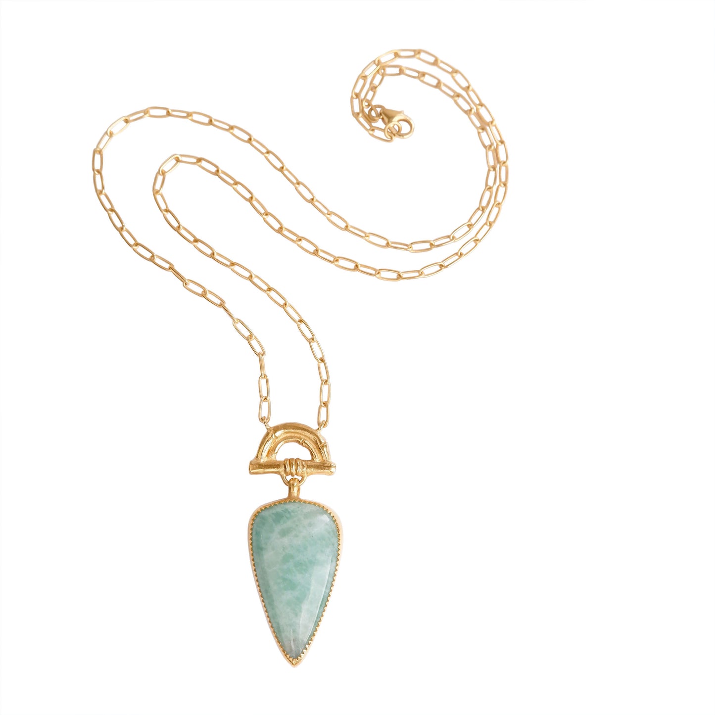 Pendant with long Pear-shaped Amazonite Gemstone hanging from gold Bamboo Arch, on fine gold chain.