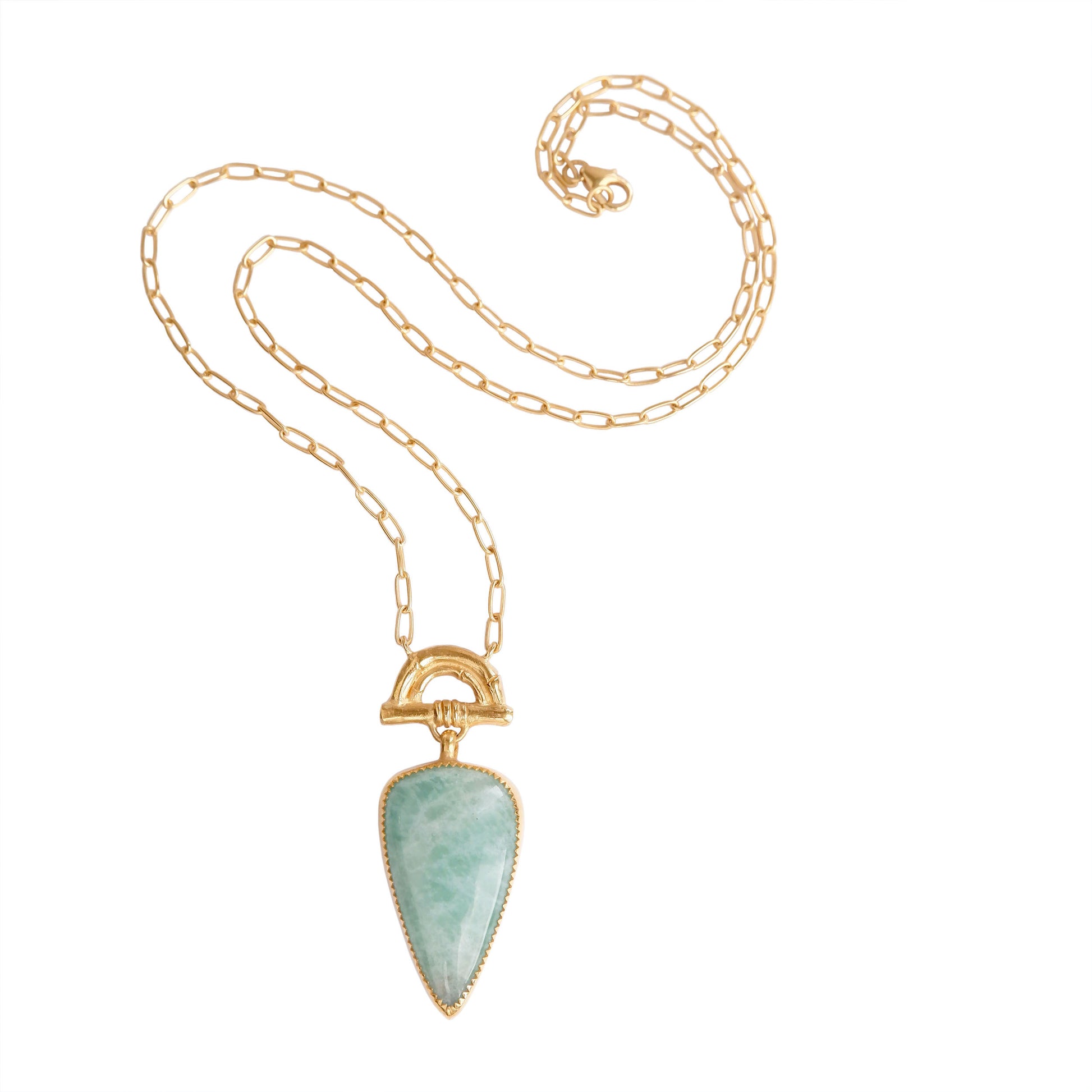 Pendant with long Pear-shaped Amazonite Gemstone hanging from gold Bamboo Arch, on fine gold chain.