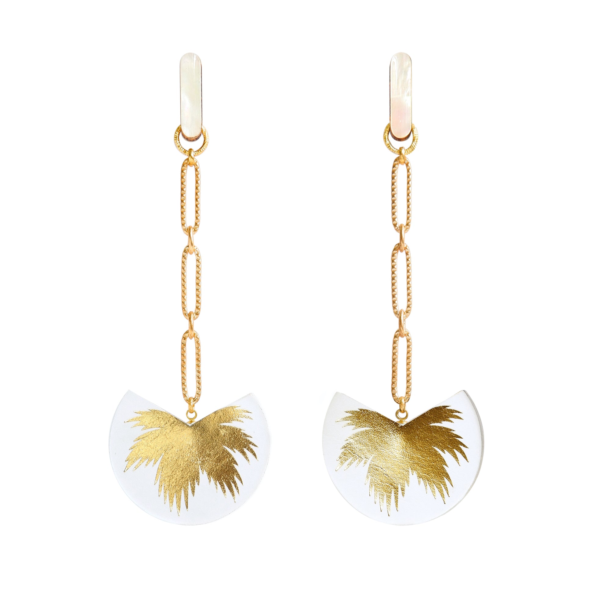 palm tree drop earrings. White leather medallions with gold palm print, on longl-link chain from long mother of pearl studs