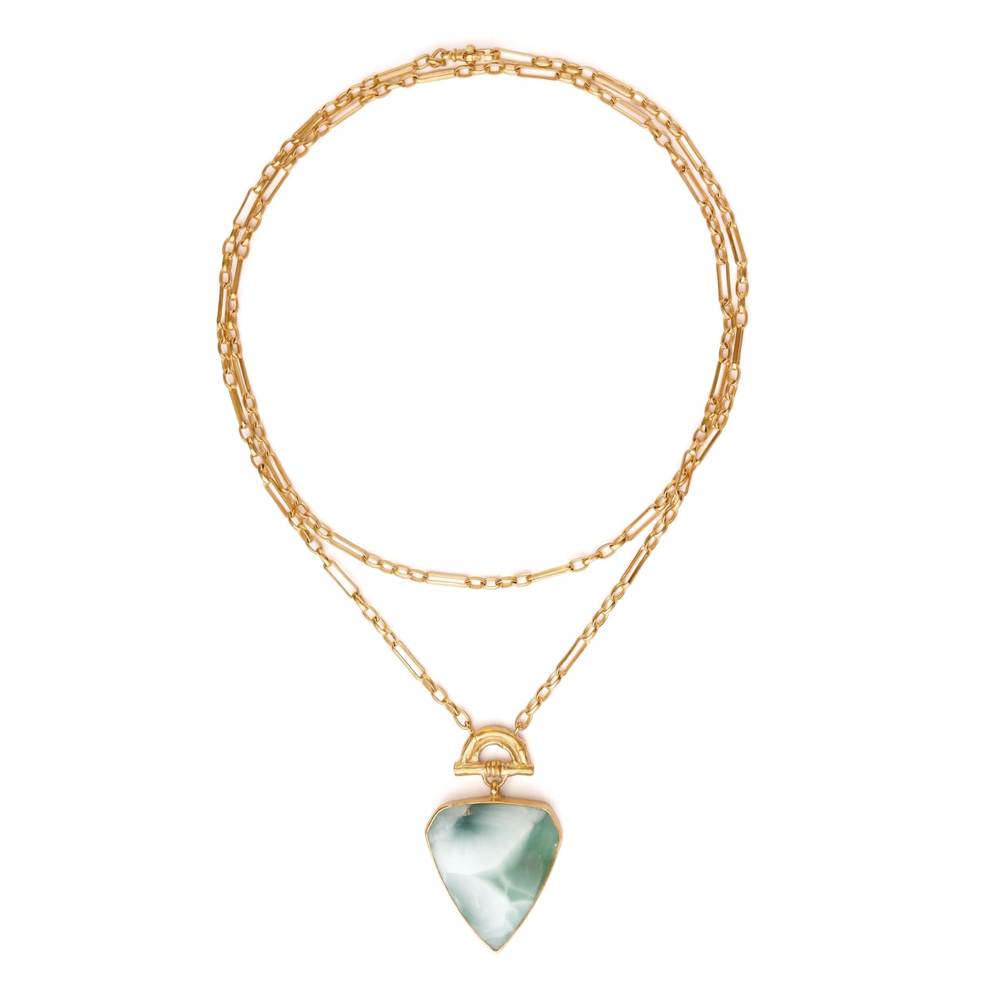 Pendant with large shield shaped green hemimorphite gemstone hanging from Gold Bamboo Arch, a long doubled gold chain. White Background