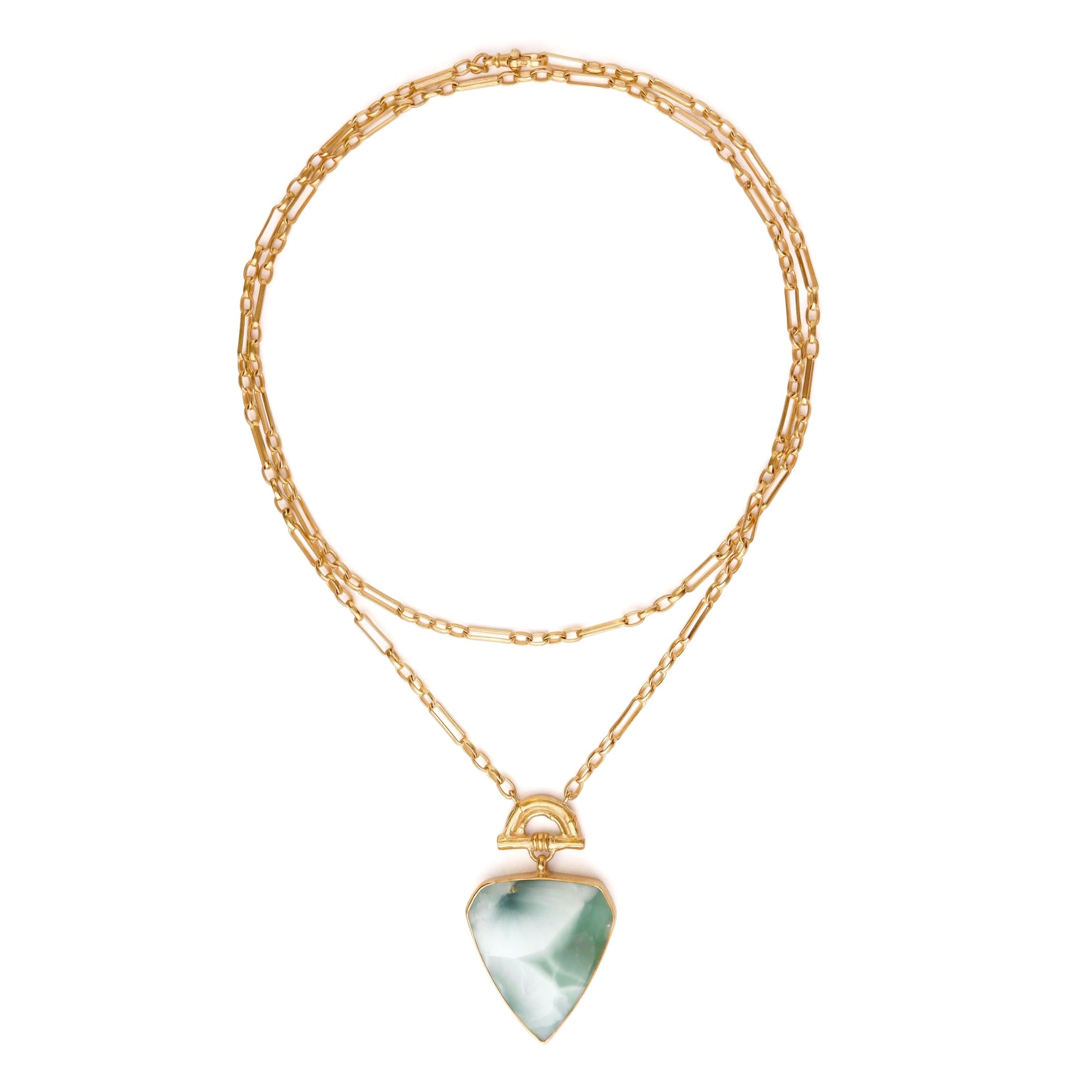 Pendant with large shield shaped green hemimorphite gemstone hanging from Gold Bamboo Arch, a long doubled gold chain. White Background