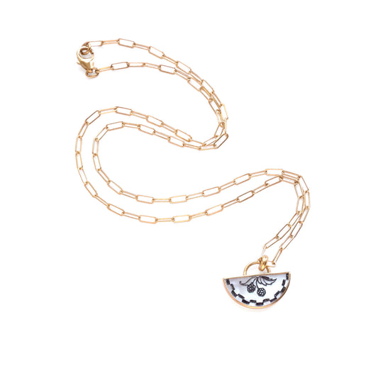 half moon mother of pearl pendant, etched with blackberry design., on gold vermeil chain.