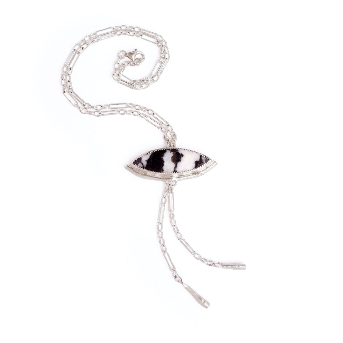 Silver Lariat style chain necklace, with a marquise cut black & white stripe Zebra Jasper gemstone pendant, framed  by a half halo of silver bamboo. 