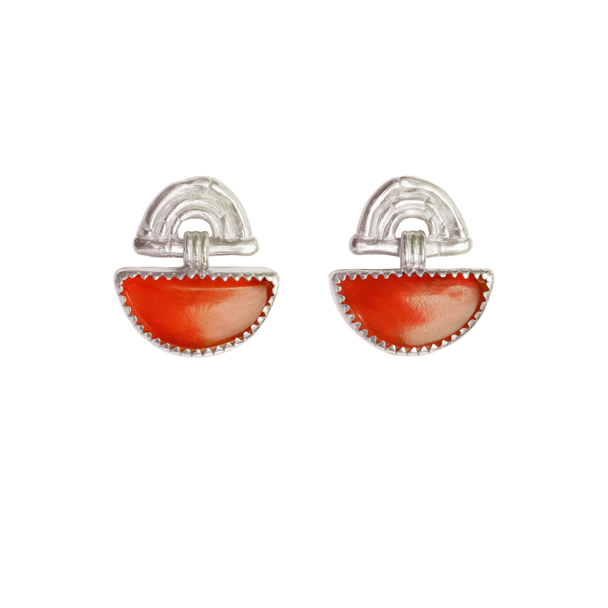 small stud earrings in sterling silver, featuring triple arches of bamboo, hung with a half moon shaped Carnelian gemstone, set with silver teeth.