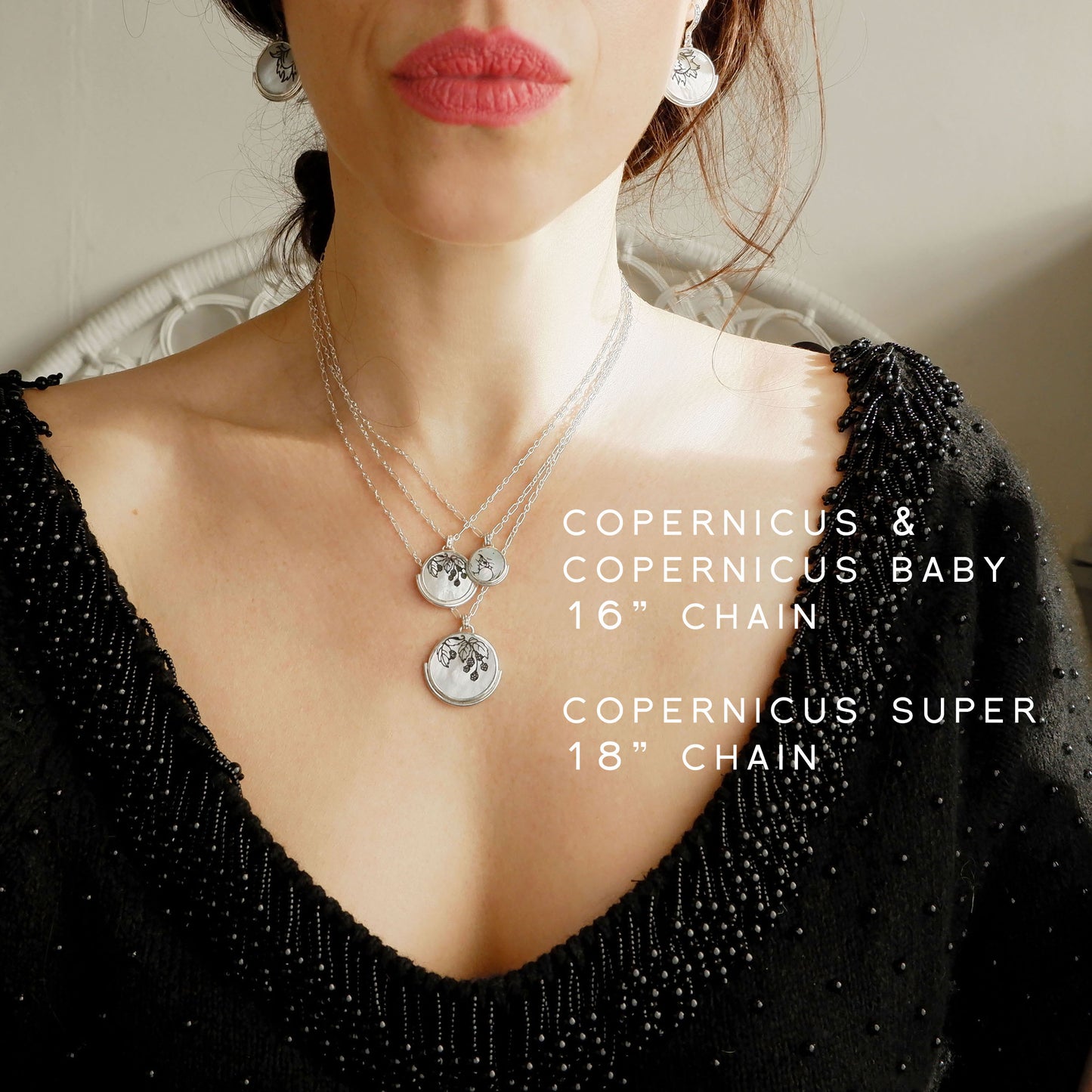 copernicus engraved mother of pearl full moon medallion pendant, in three sizes, and 2 chain lengths, shown on model