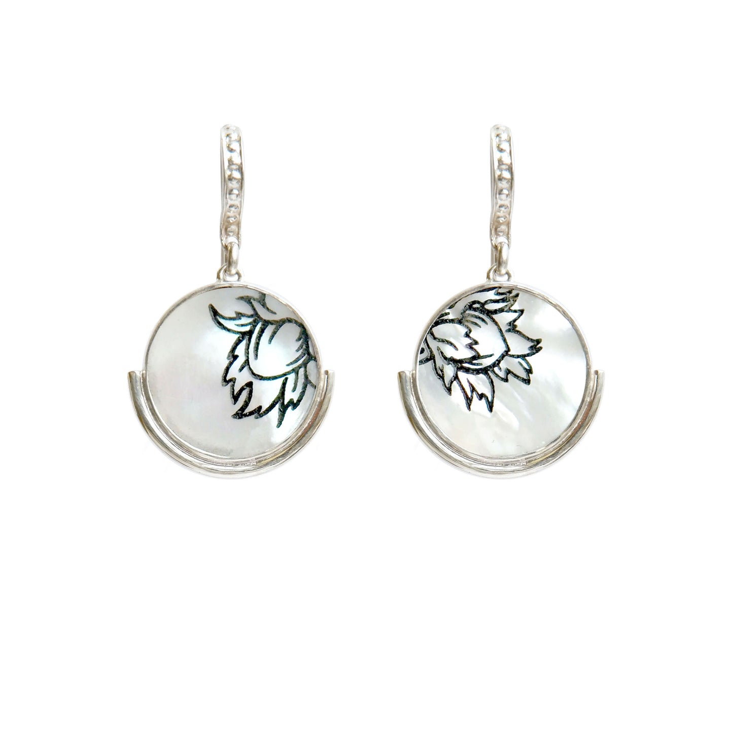 engraved mother of pearl full moon medallion earrings in sterling silver