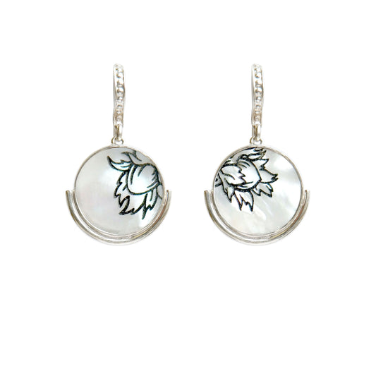 engraved mother of pearl full moon medallion earrings in sterling silver