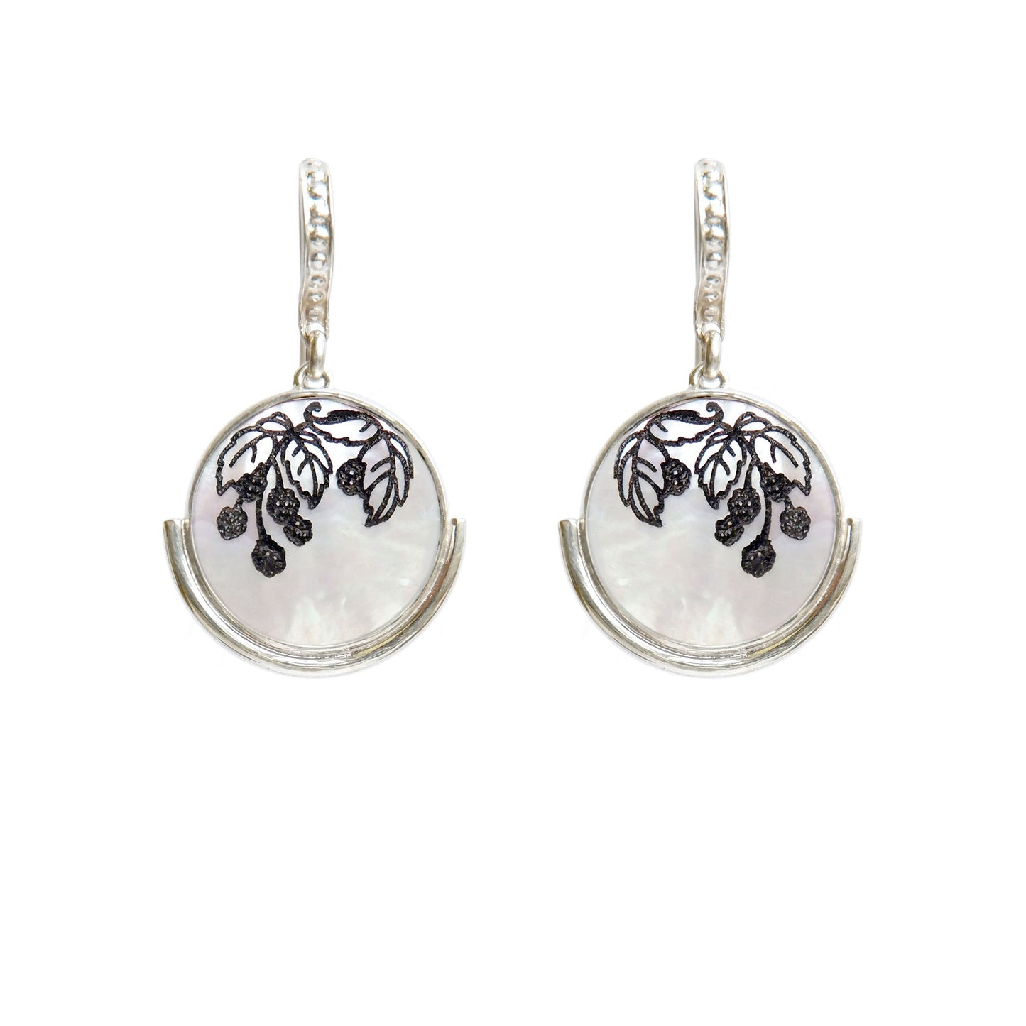 engraved mother of pearl full moon medallion earrings in sterling silver, blackberry design