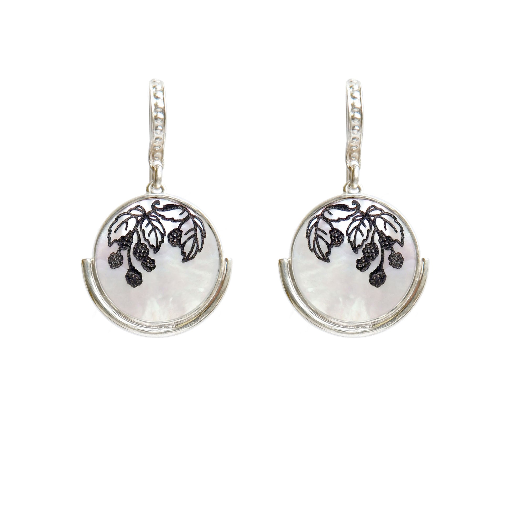 engraved mother of pearl full moon medallion earrings in sterling silver, blackberry design