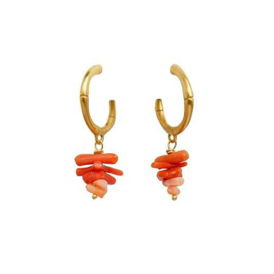 small gold bamboo hoops, with stacked coral branch bead charms
