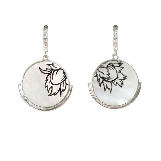 engraved mother of pearl full moon medallion earrings in sterling silver