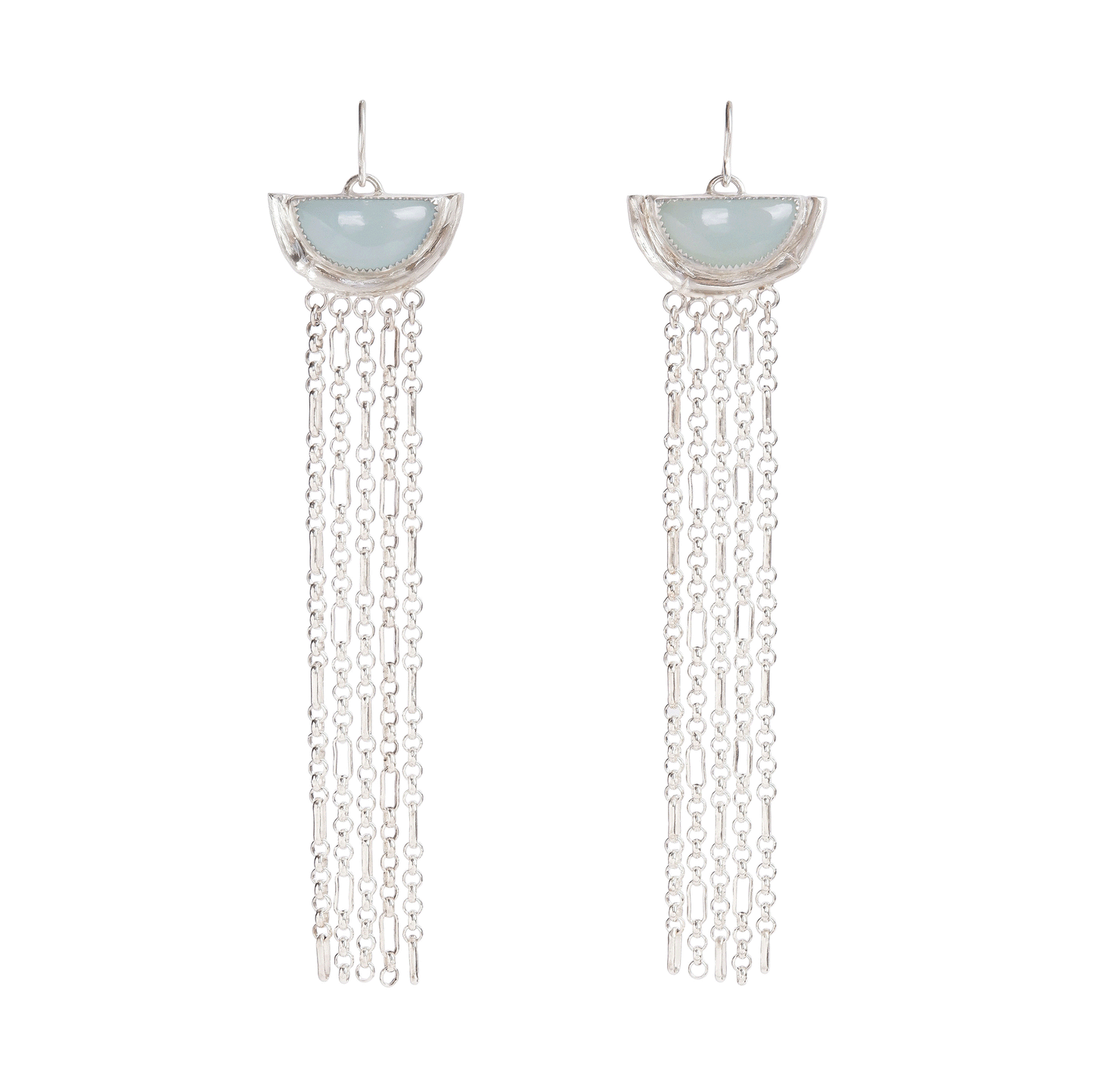 dramatic long chain fringe chandelier tassel earrings with half moon shaped semi precious gemstones,  cupped by solid silver bamboo hammock, with simple silver wire hooks.