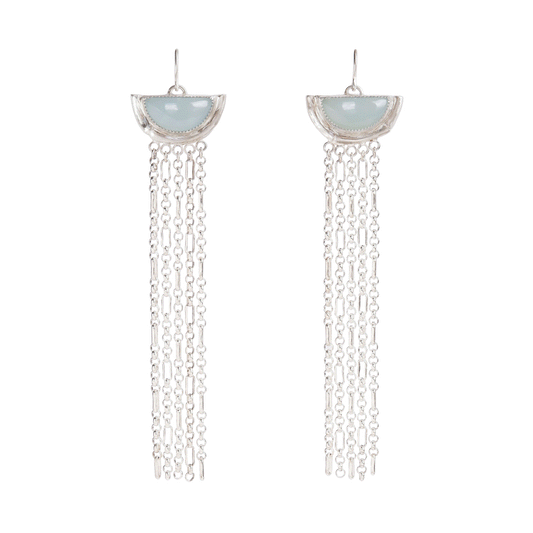 dramatic long chain fringe chandelier tassel earrings with half moon shaped semi precious gemstones,  cupped by solid silver bamboo hammock, with simple silver wire hooks.