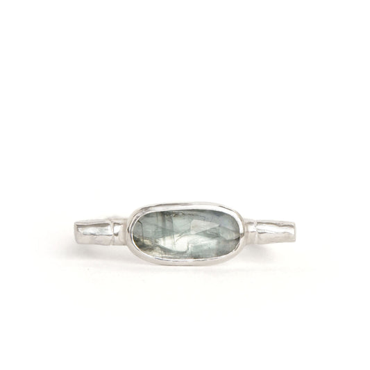 sterling silver organic bamboo cane ring, set with pale mint green kyanite cabochon