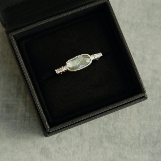 sterling silver organic bamboo cane ring, set with pale mint green kyanite cabochon, in box