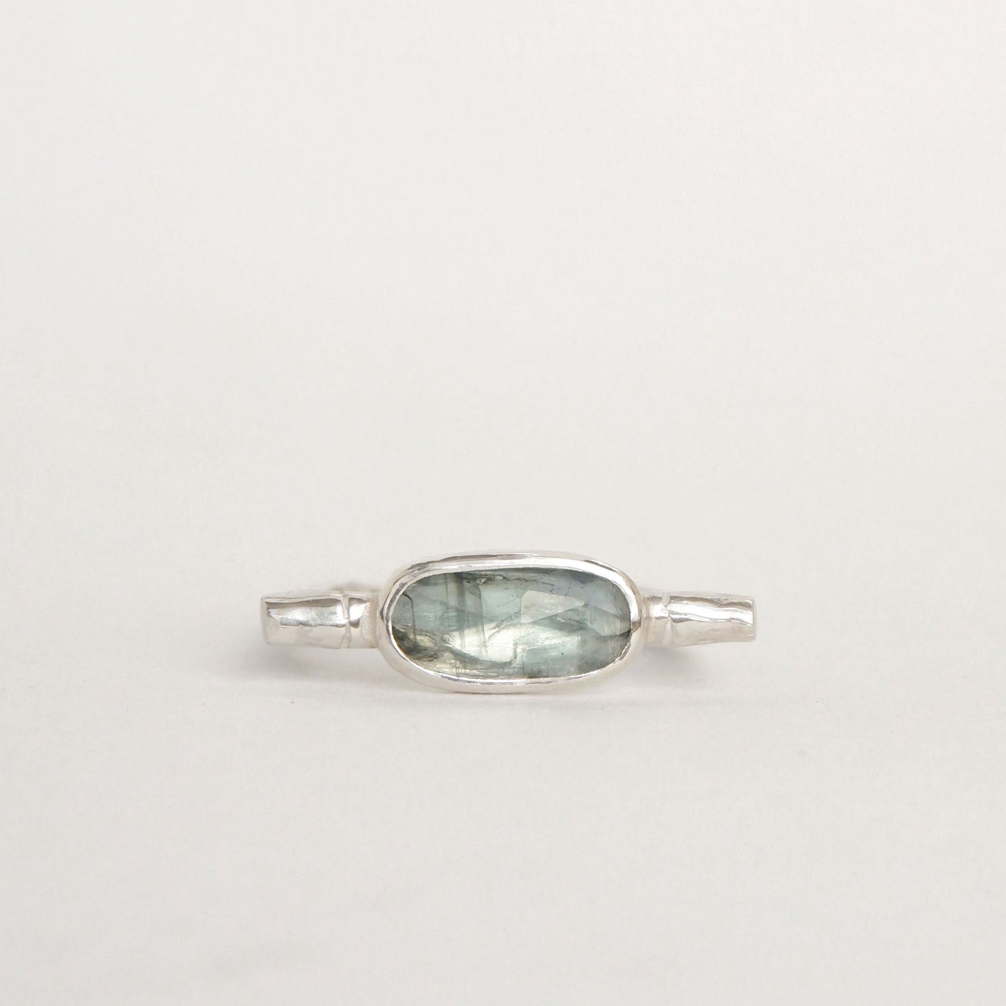 sterling silver organic bamboo cane ring, set with pale mint green kyanite cabochon, 