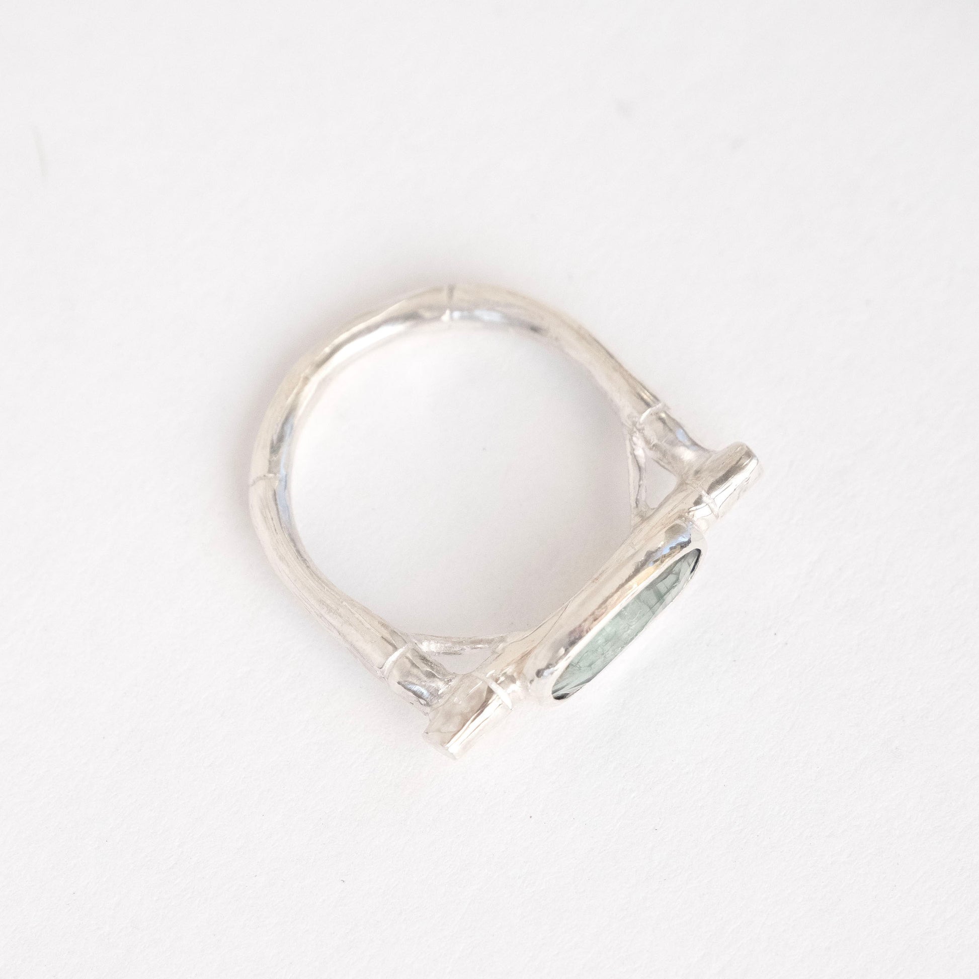 sterling silver organic bamboo cane ring, set with pale mint green kyanite cabochon