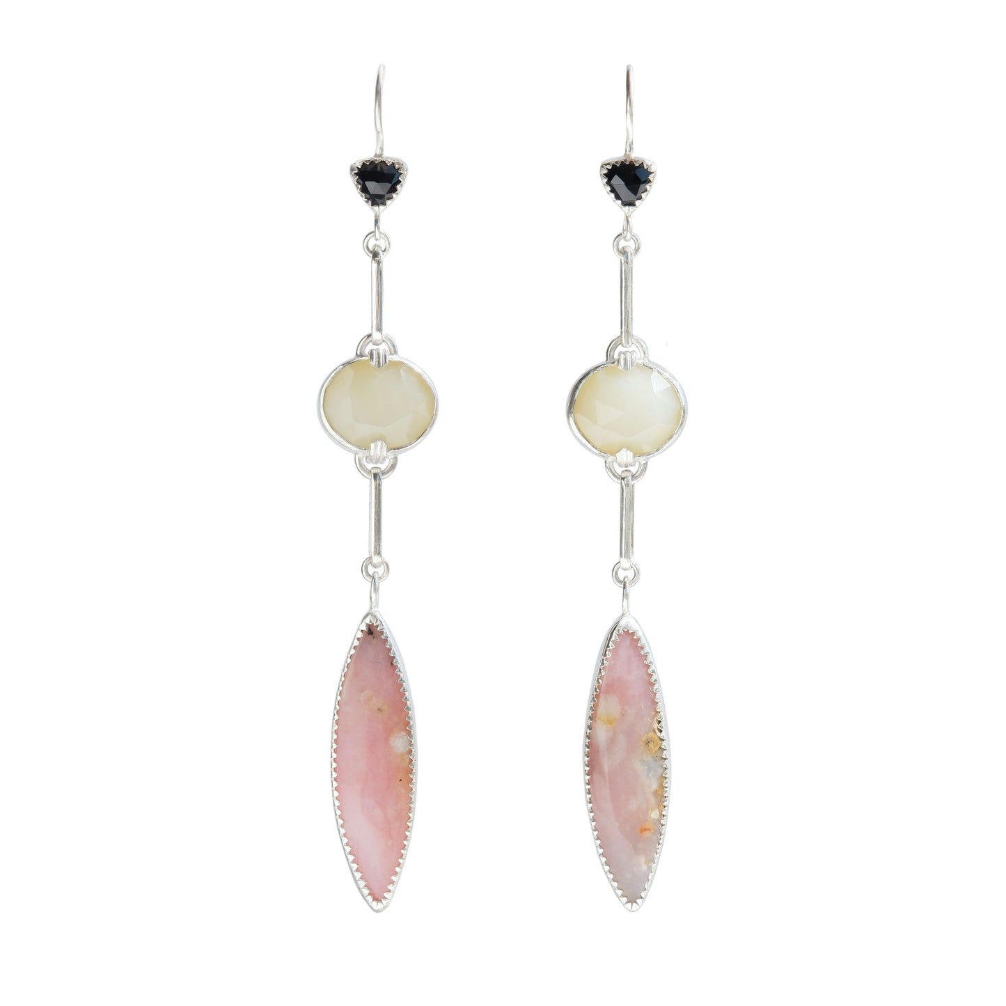 A pair of long drop earrings handcrafted in recycled Sterling Silver, featuring stunning Peruvian Pink Opal Marquise Cabochons, rare faceted butter-yellow Kenyan Opal ovals, and tiny faceted black Onyx Trillions. White background