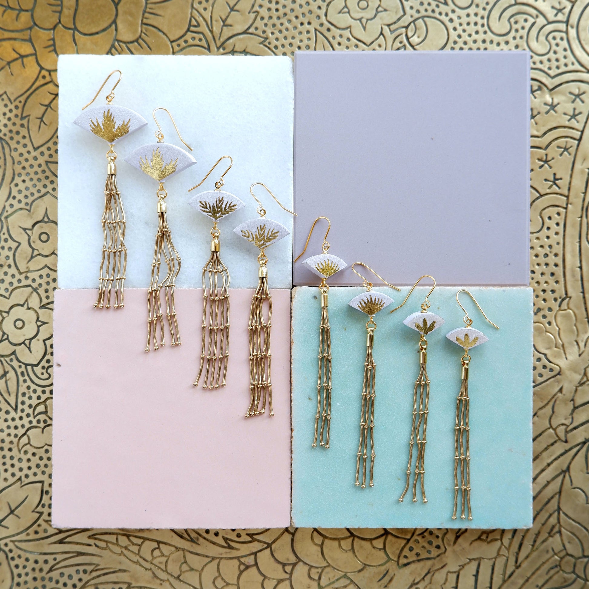 manila leather palm tree fan tassel earrings in lilac, all sizes