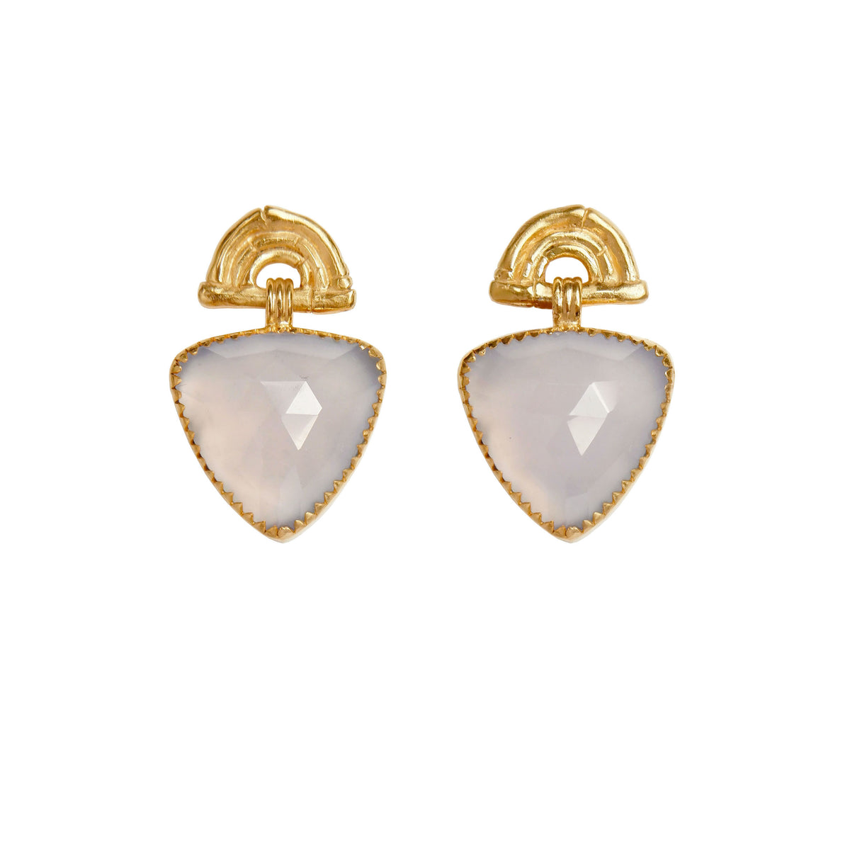 Gold Vermeil stud drop earrings , featuring triple arches of bamboo, paired with a hanging faceted Trillion shaped Lavender Chalcedony gemstone charm pendant, set with serrated gold teeth.