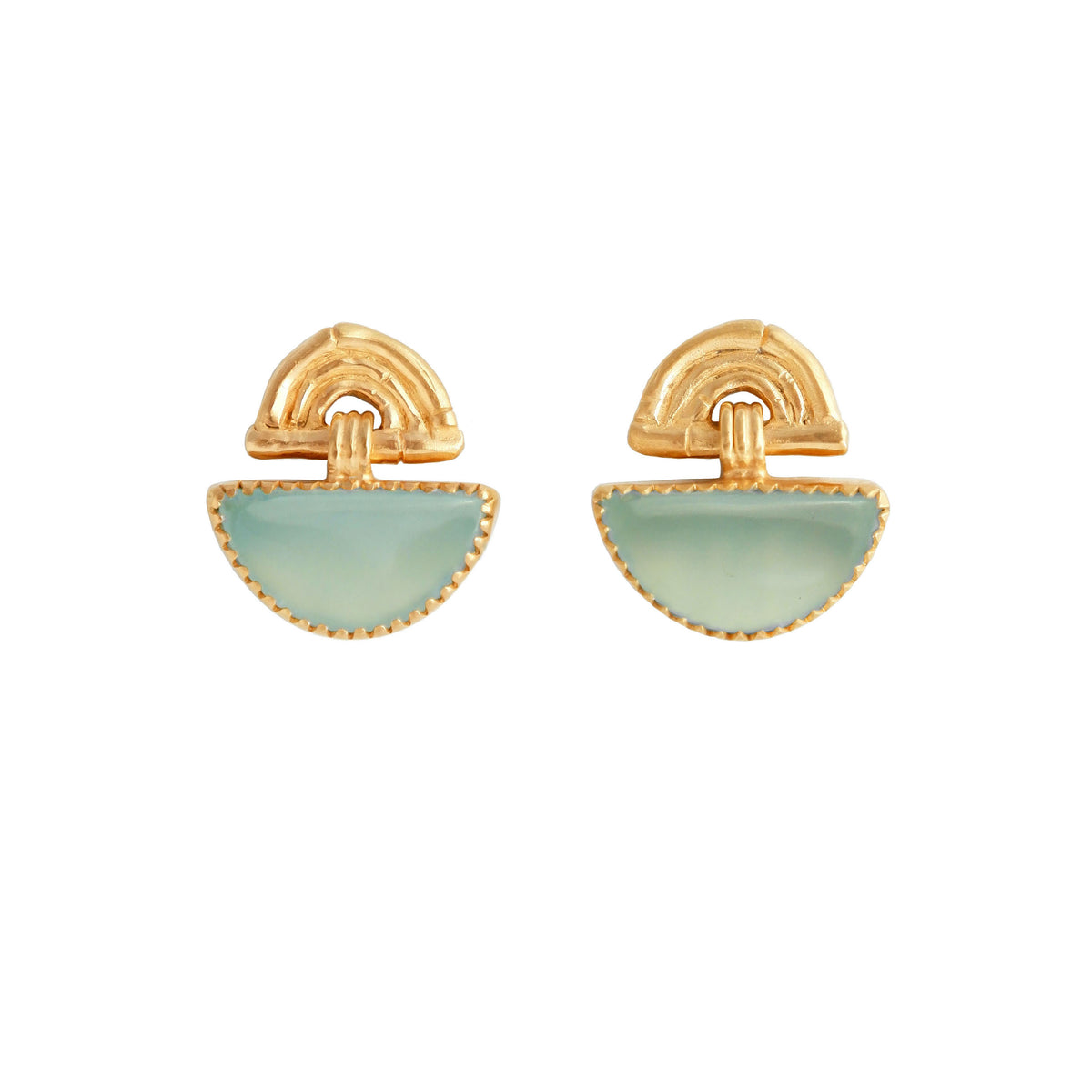 small stud earrings in gold vermeil, featuring triple arches of bamboo, hung with a half moon shaped aqua blue Chalcedony gemstone, set with gold teeth.