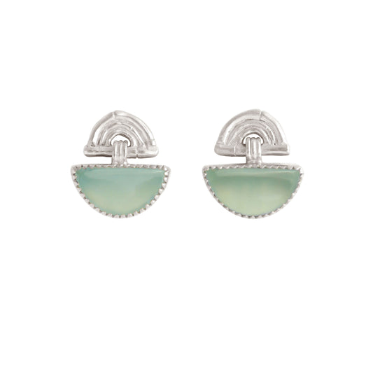 small stud earrings in sterling silver, featuring triple arches of bamboo, hung with a half moon shaped Carnelian gemstone, set with silver teeth.