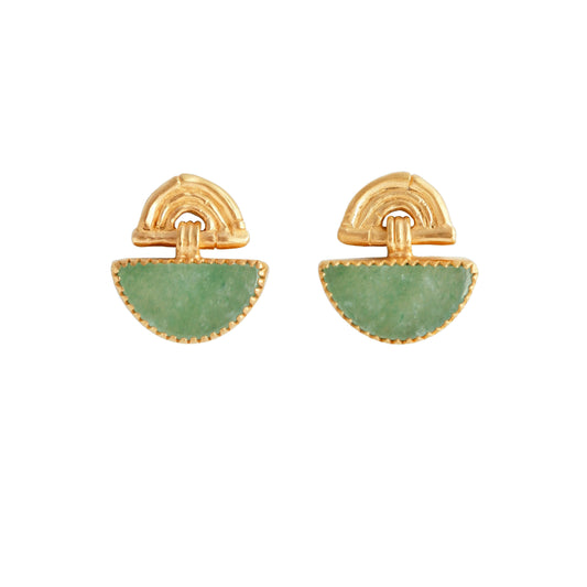 small stud earrings in gold vermeil, featuring triple arches of bamboo, hung with a half moon shaped Sea green Aventurine gemstone, set with gold teeth.